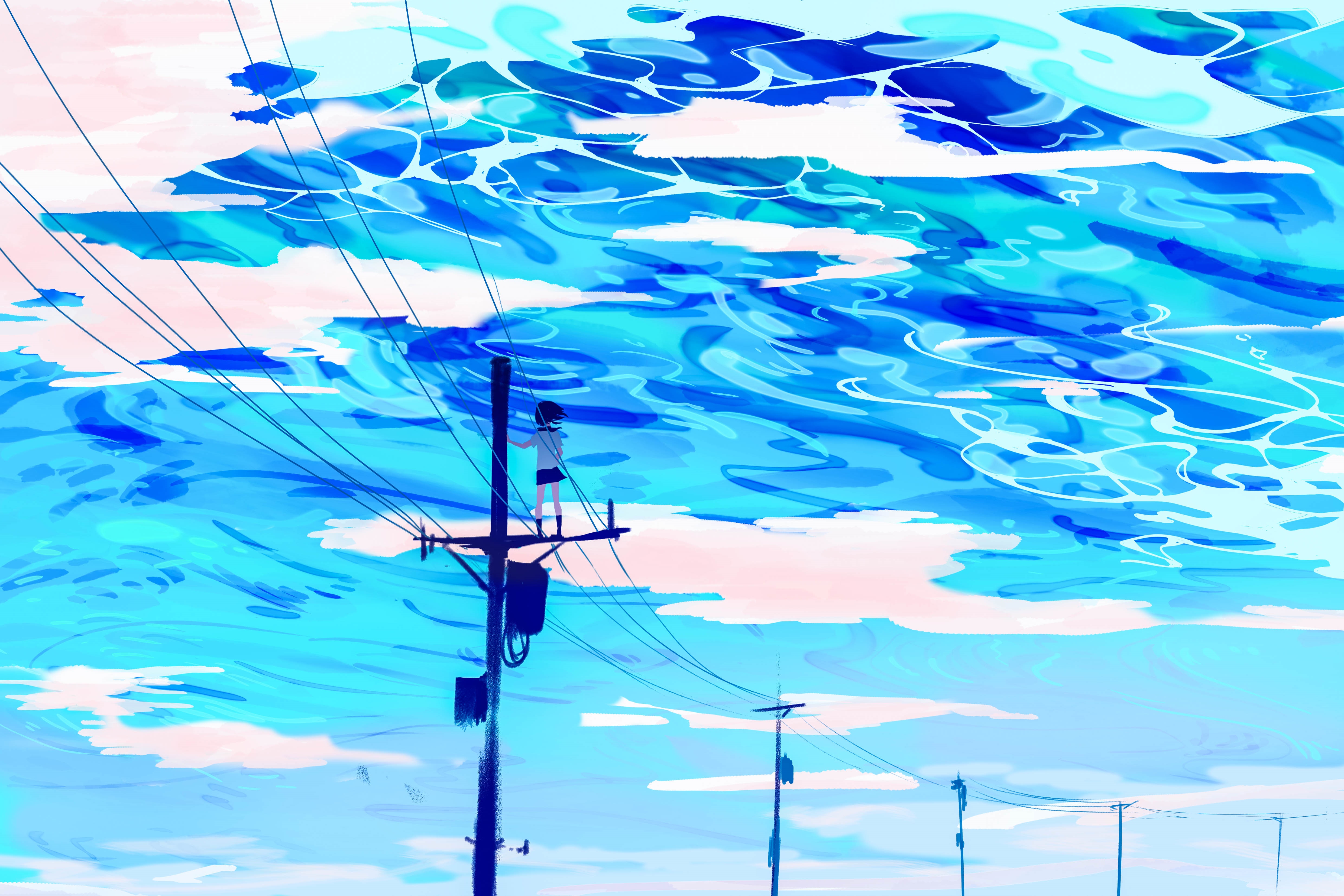 4K Cyan Skyscape with Power Lines HD Wallpaper