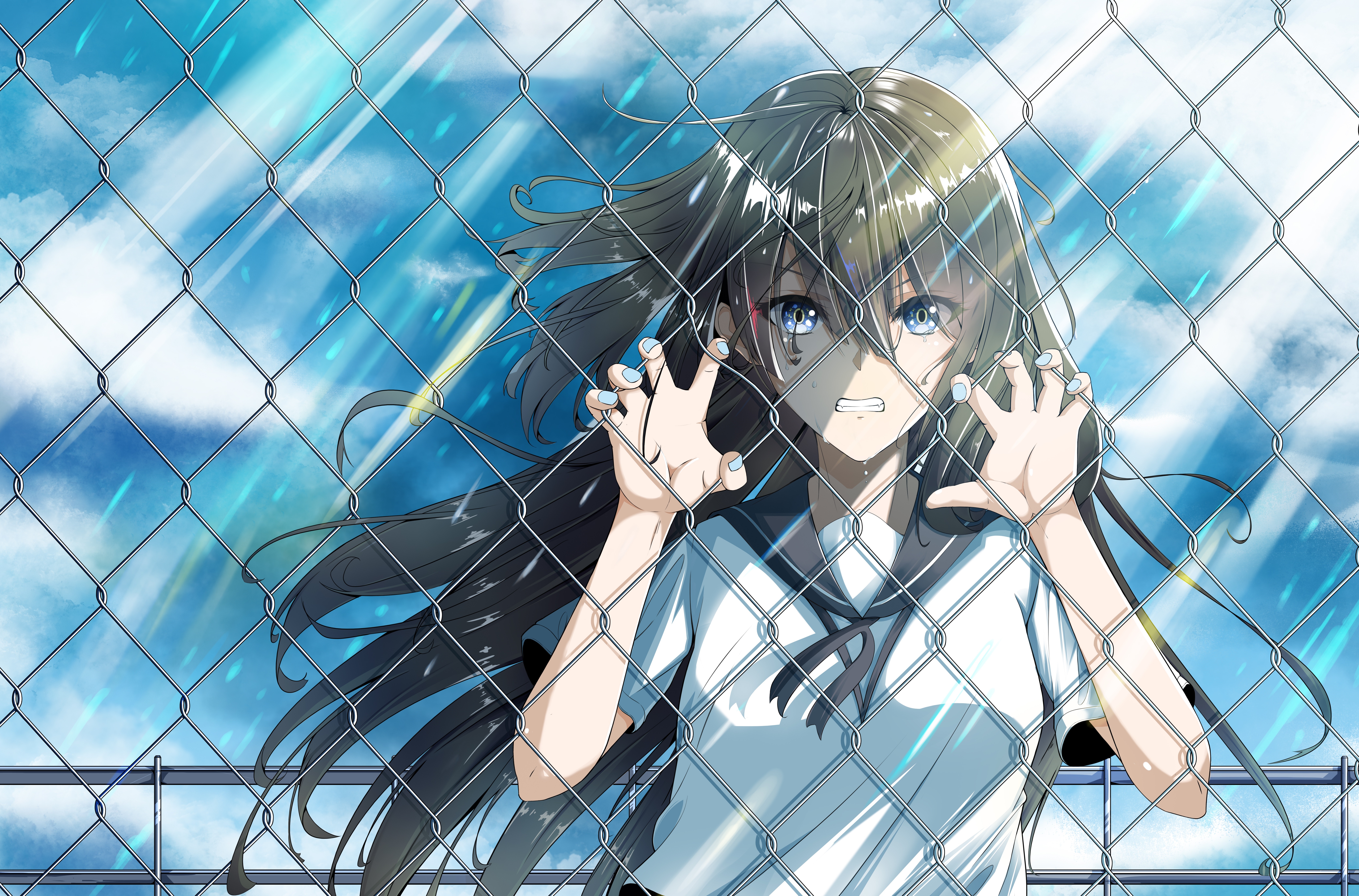 Girl with blue eyes behind a fence HD Wallpaper