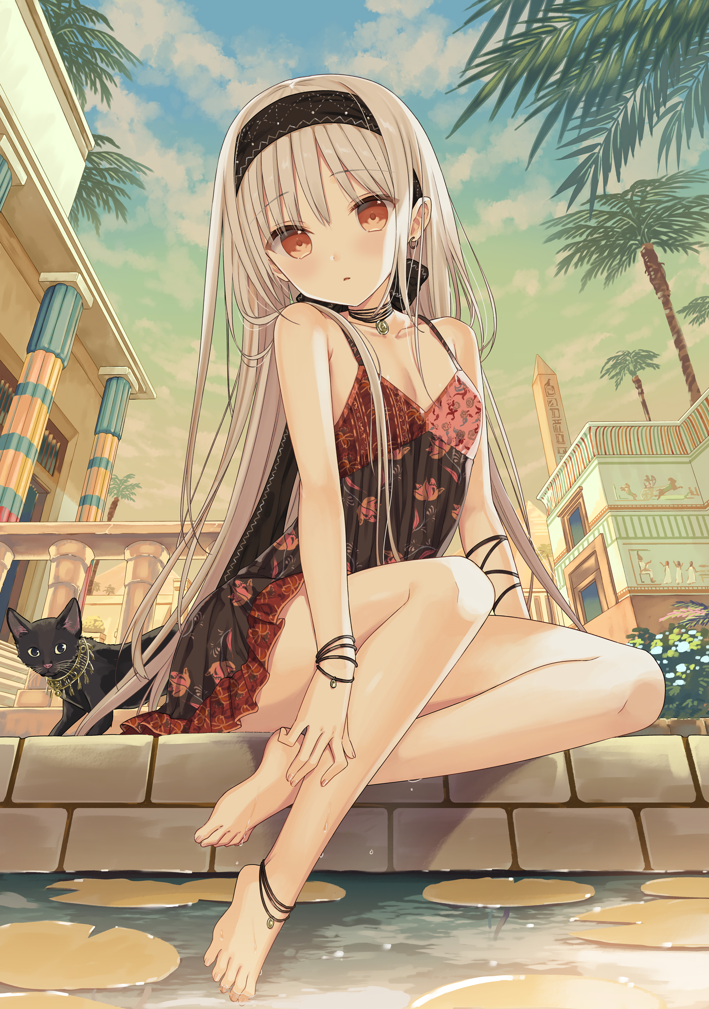 Yuuki Rika in Egypt with a Black Cat HD Phone Wallpaper