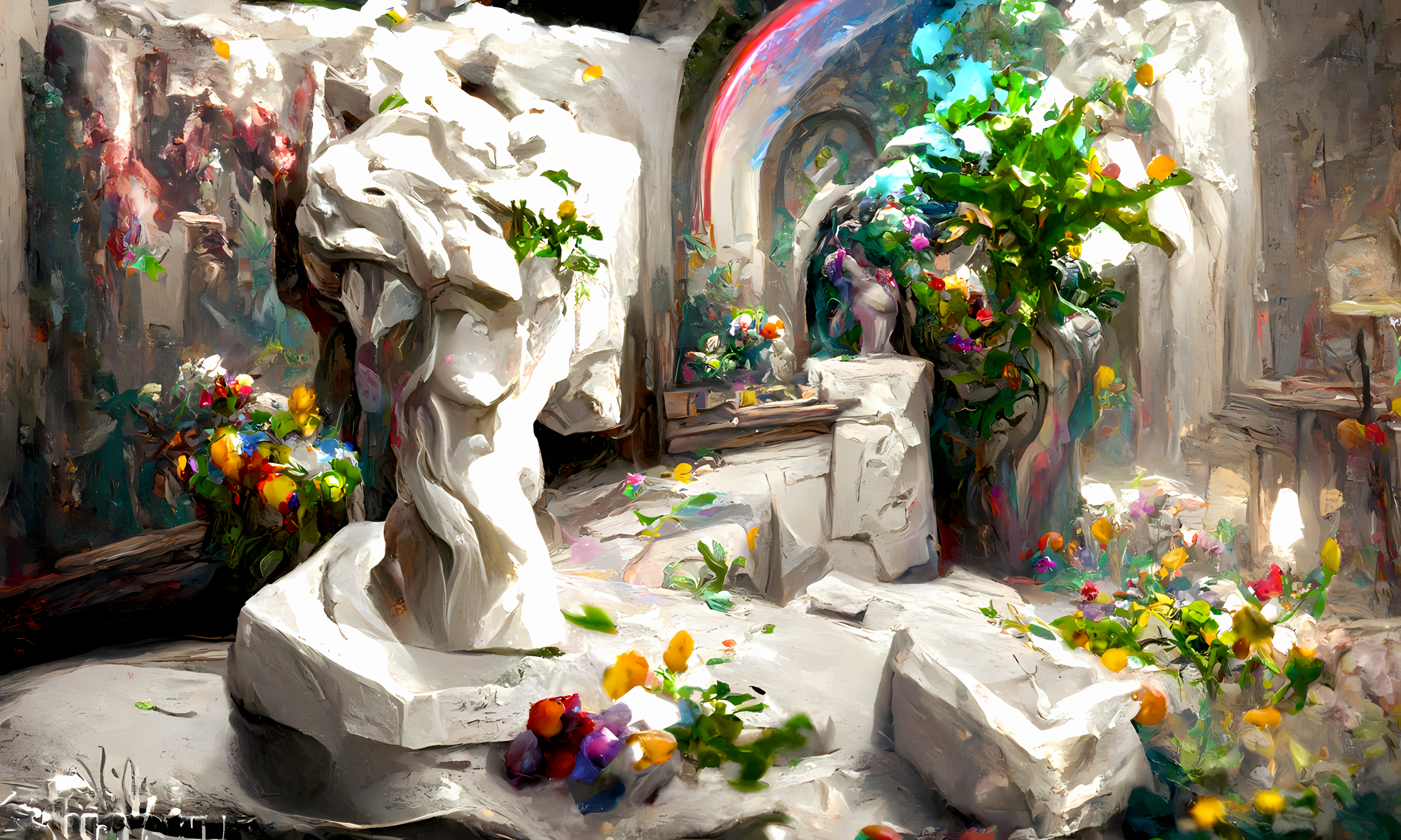 Sculpture and flowers in a sunlit courtyard HD Wallpaper