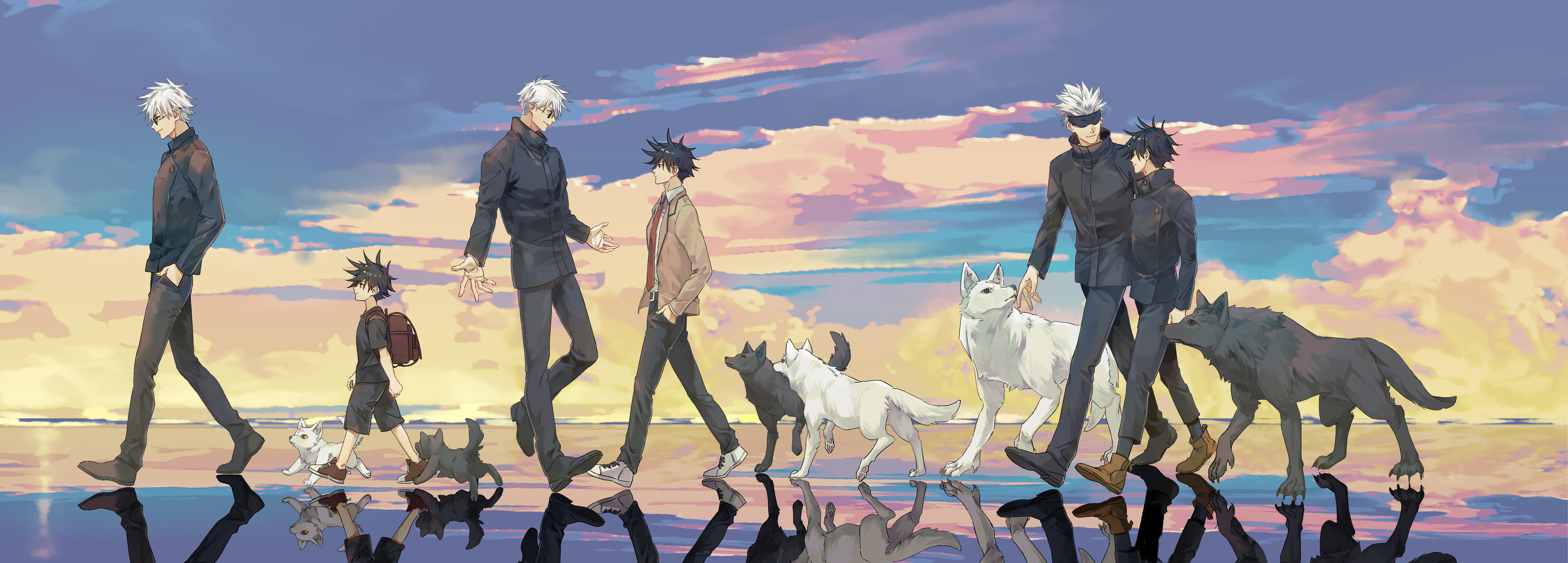 Satoru Gojo and Megumi Fushiguro with Dogs HD Wallpaper