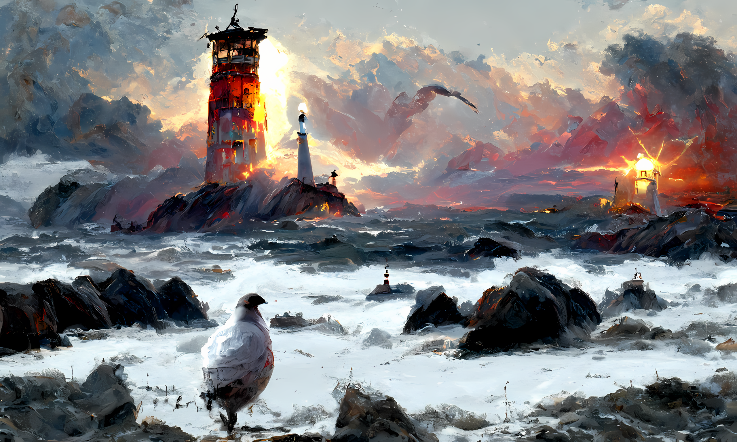 Oil painting of lighthouses on a rocky sea during sunset HD Wallpaper