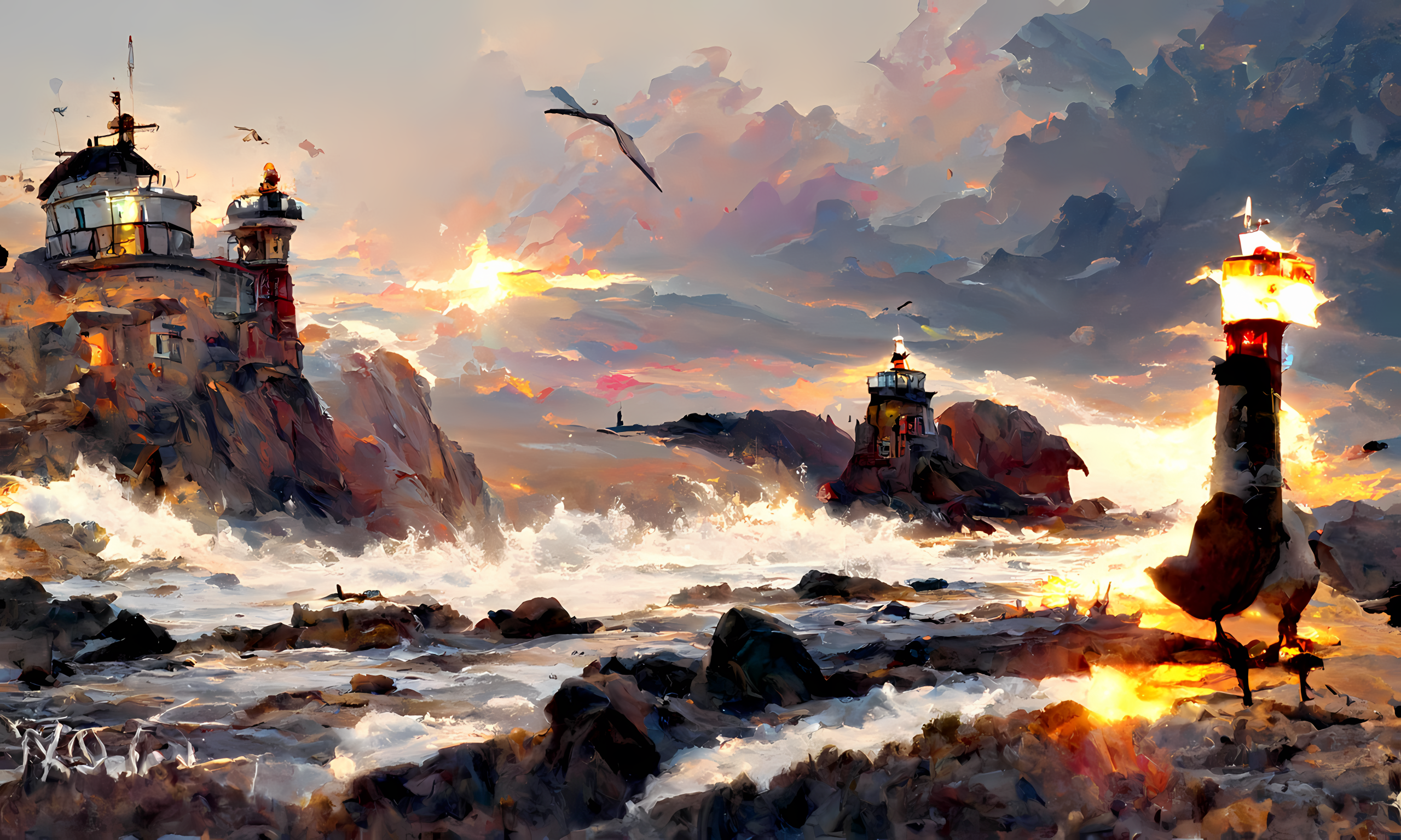 Oil painting of lighthouses on rocky shores at sunset HD Wallpaper