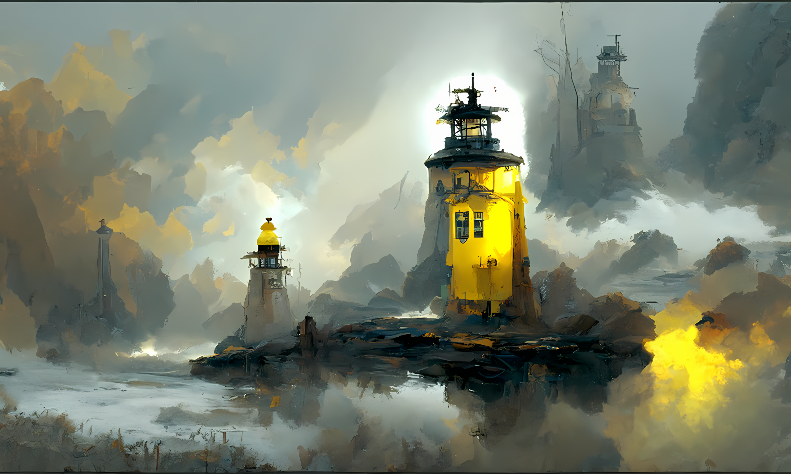 Oil painting of lighthouses on rocky islands HD Wallpaper