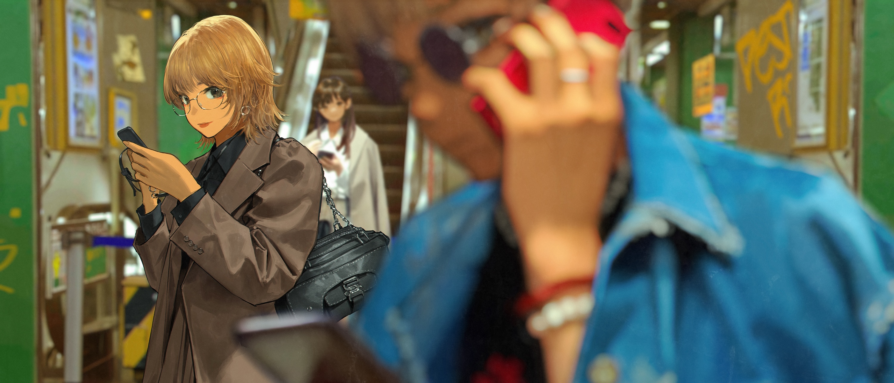 Anime characters on a subway platform HD Wallpaper