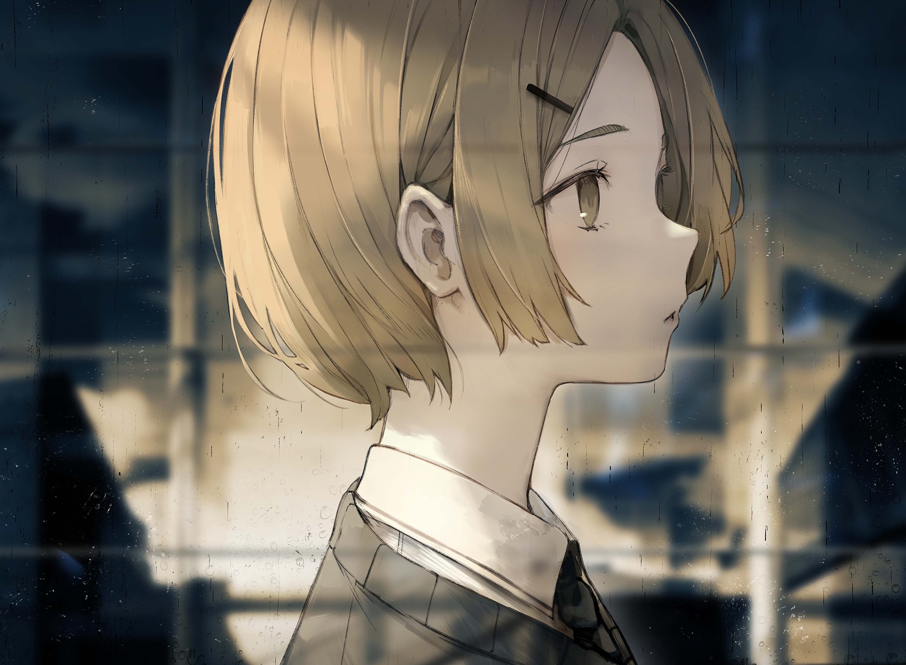 Anime girl in profile looking out a rainy window HD Wallpaper