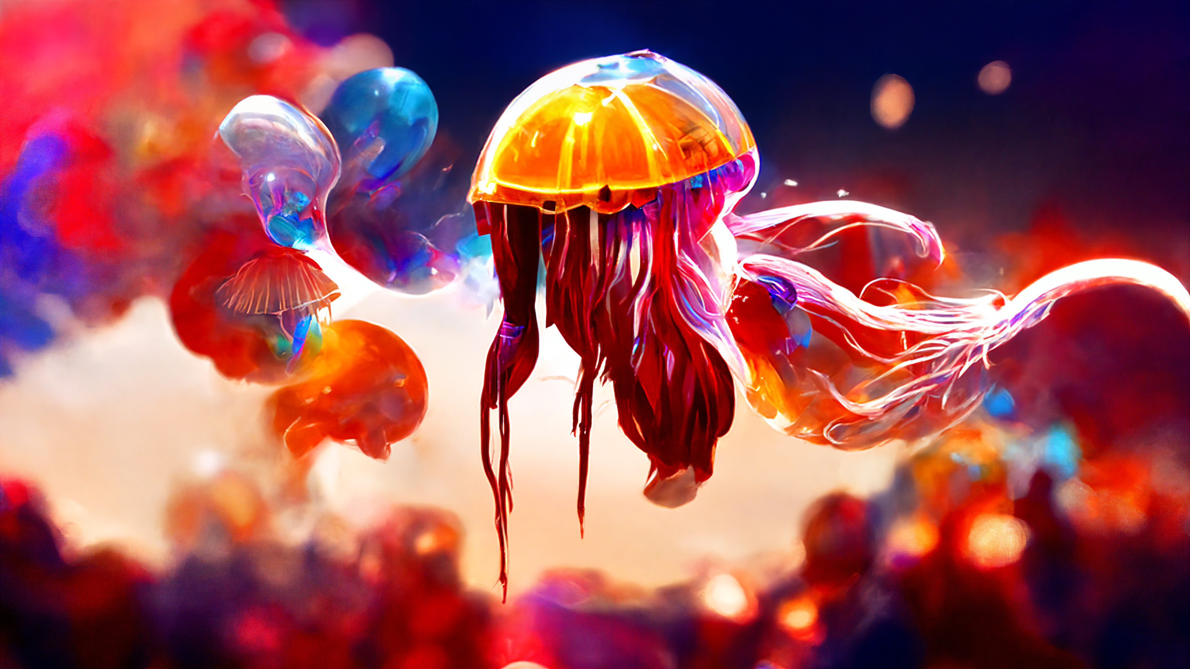 4K Colorful Jellyfish in Abstract Background HD Wallpaper