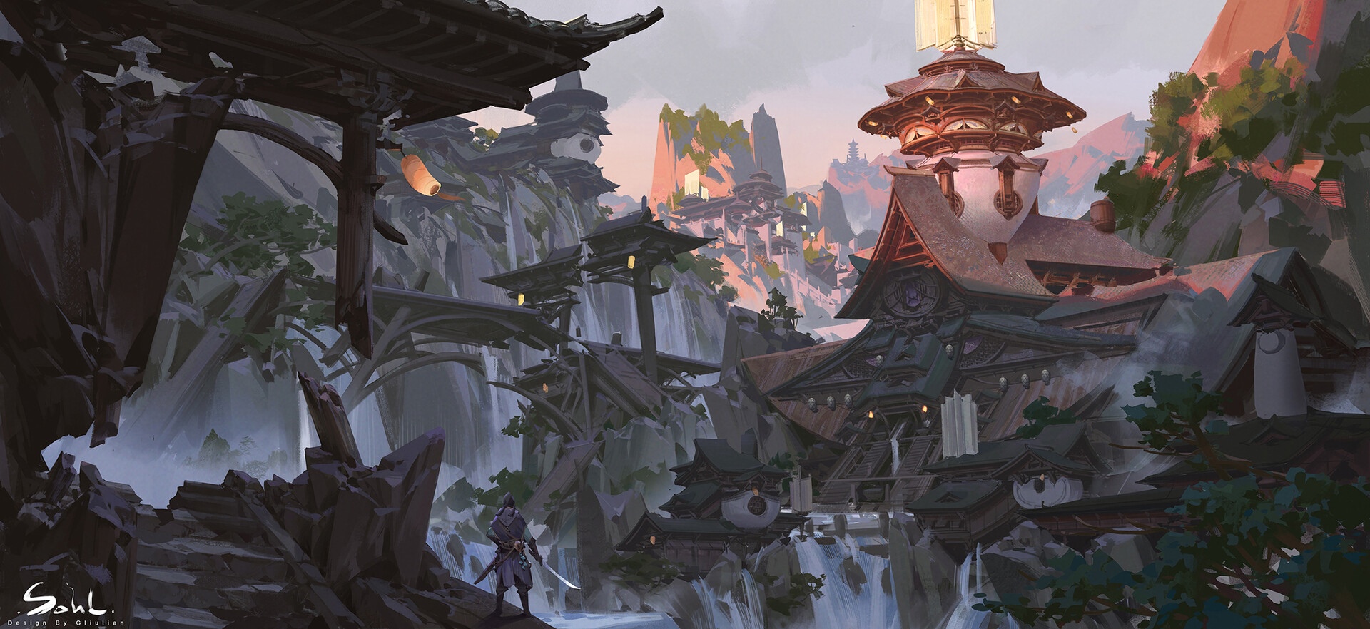 Samurai with Katana in a Ruined Mountain Temple with Waterfalls HD Wallpaper