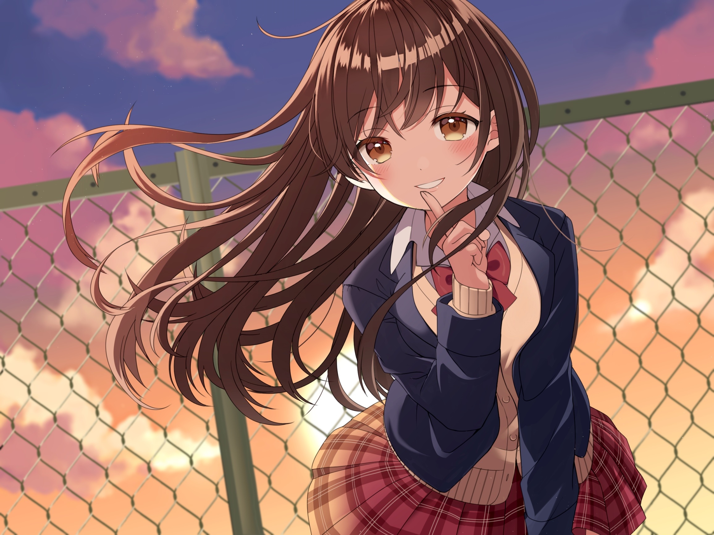 Anime girl in school uniform smiling HD Wallpaper