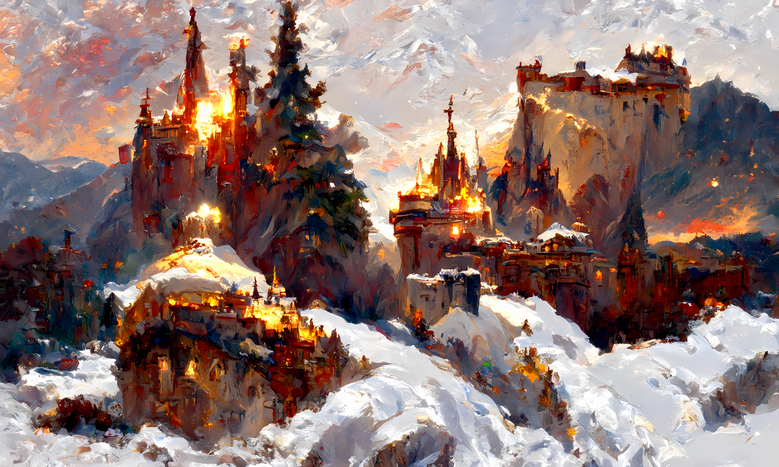 Winter castle on a snowy mountain HD Wallpaper