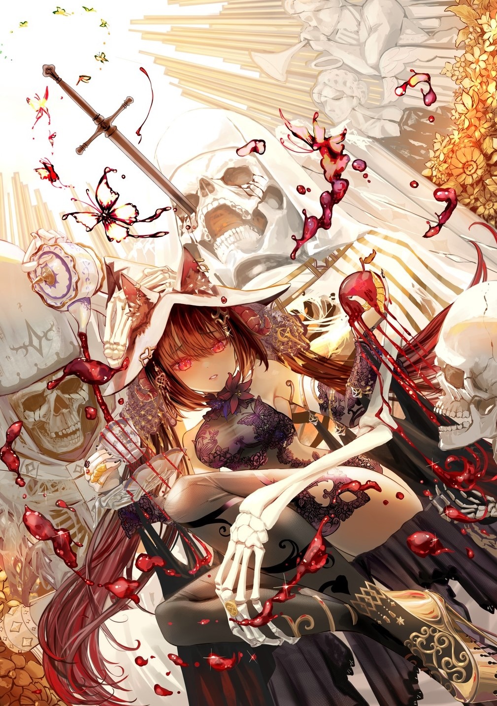 Anime artwork of a witch with skeletons and blood HD Phone Wallpaper