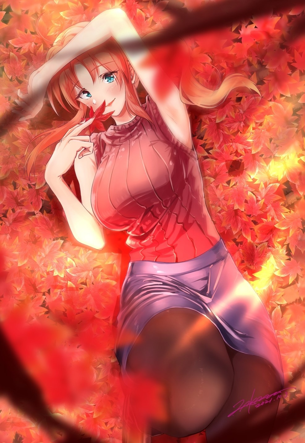 Anime girl lying in fall leaves HD Phone Wallpaper