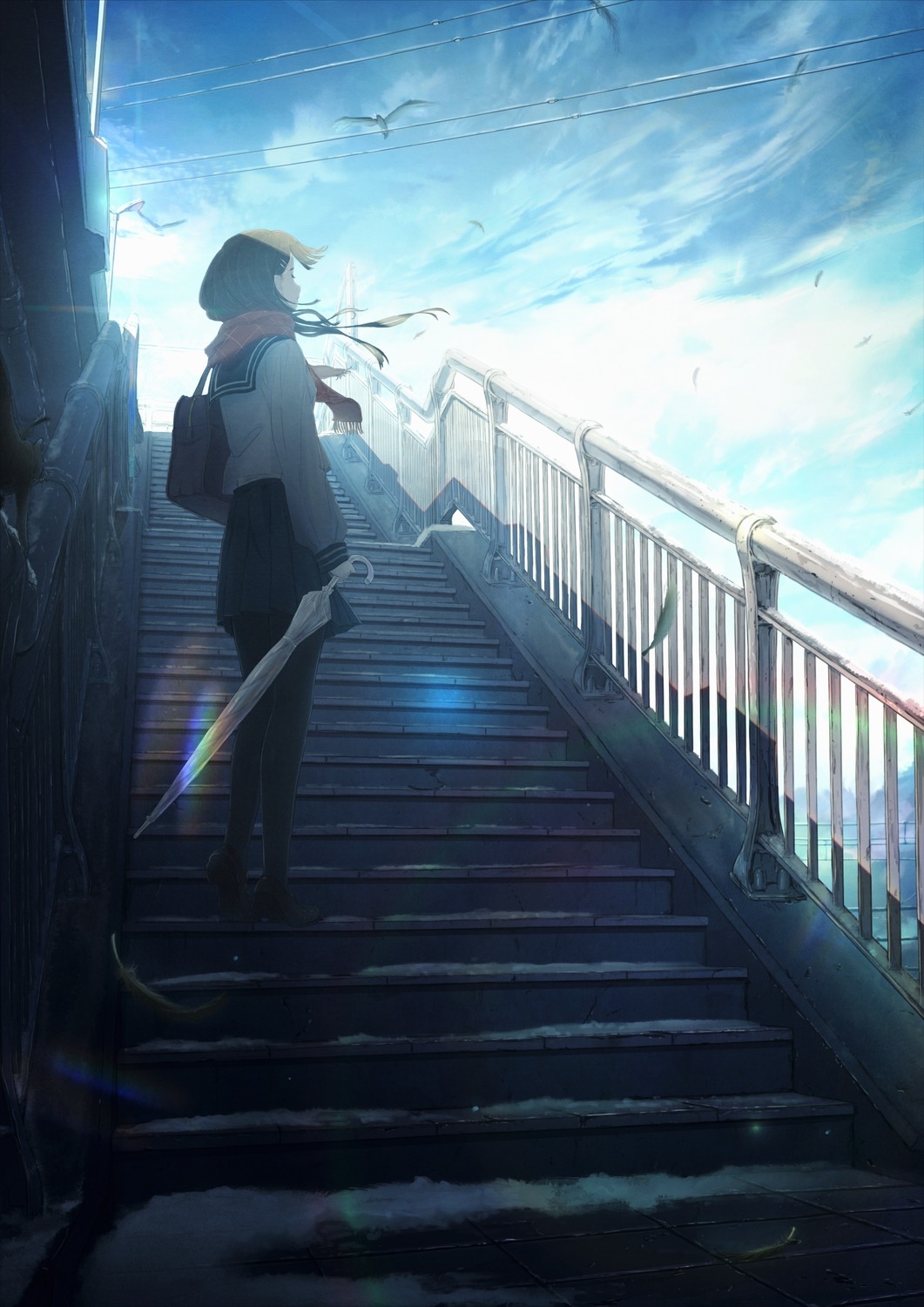Girl in school uniform on stairs under sky HD Phone Wallpaper