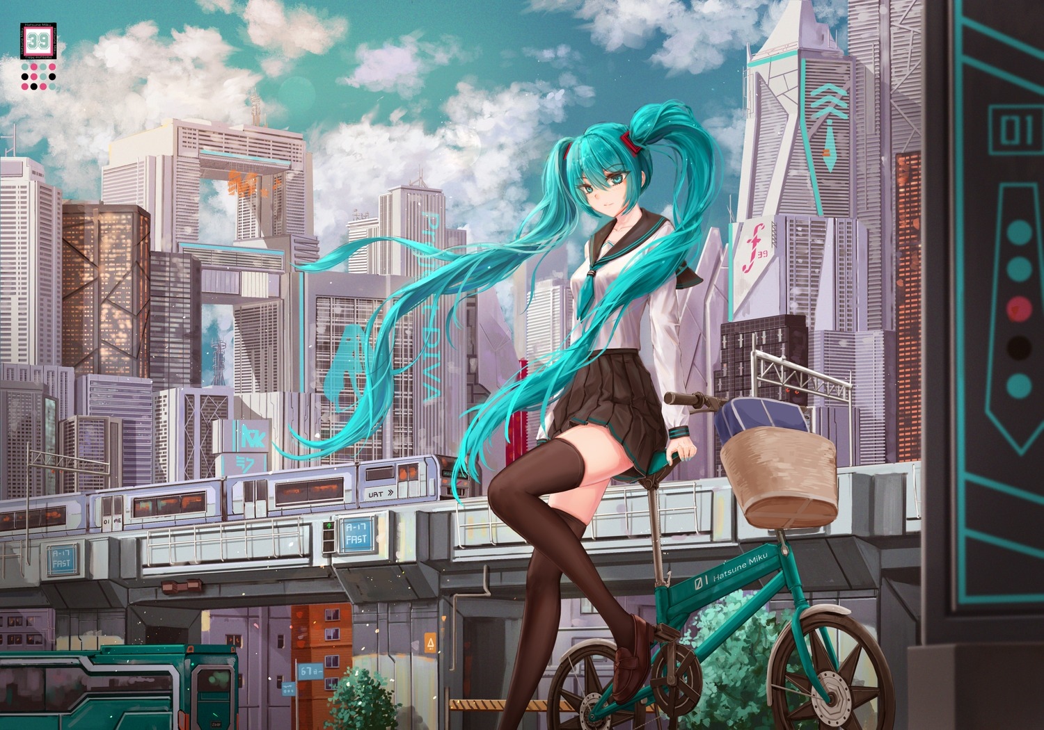 Hatsune Miku with a bicycle in a futuristic cityscape HD Wallpaper