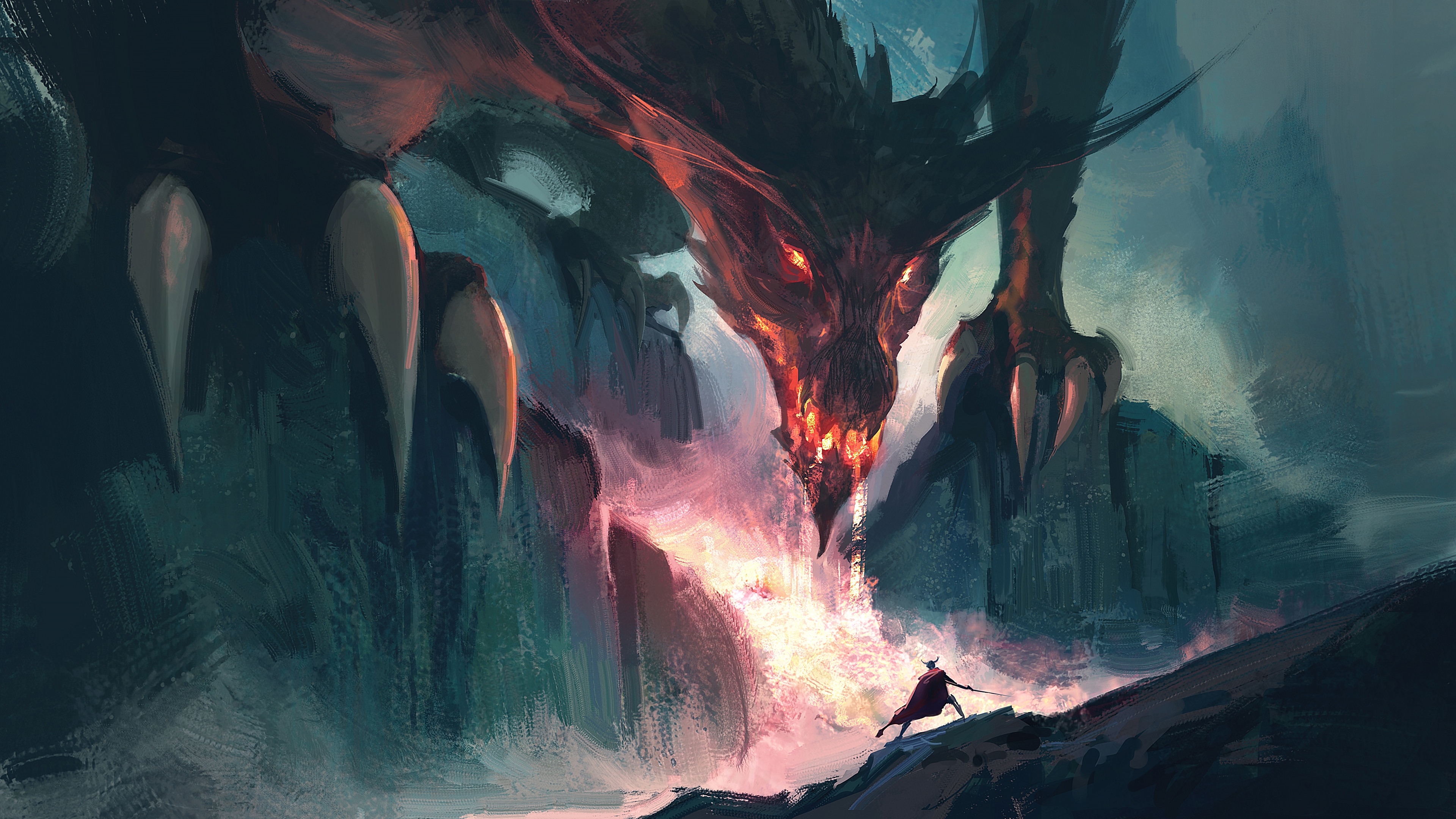 4K Dragon breathing fire on a warrior HD Wallpaper