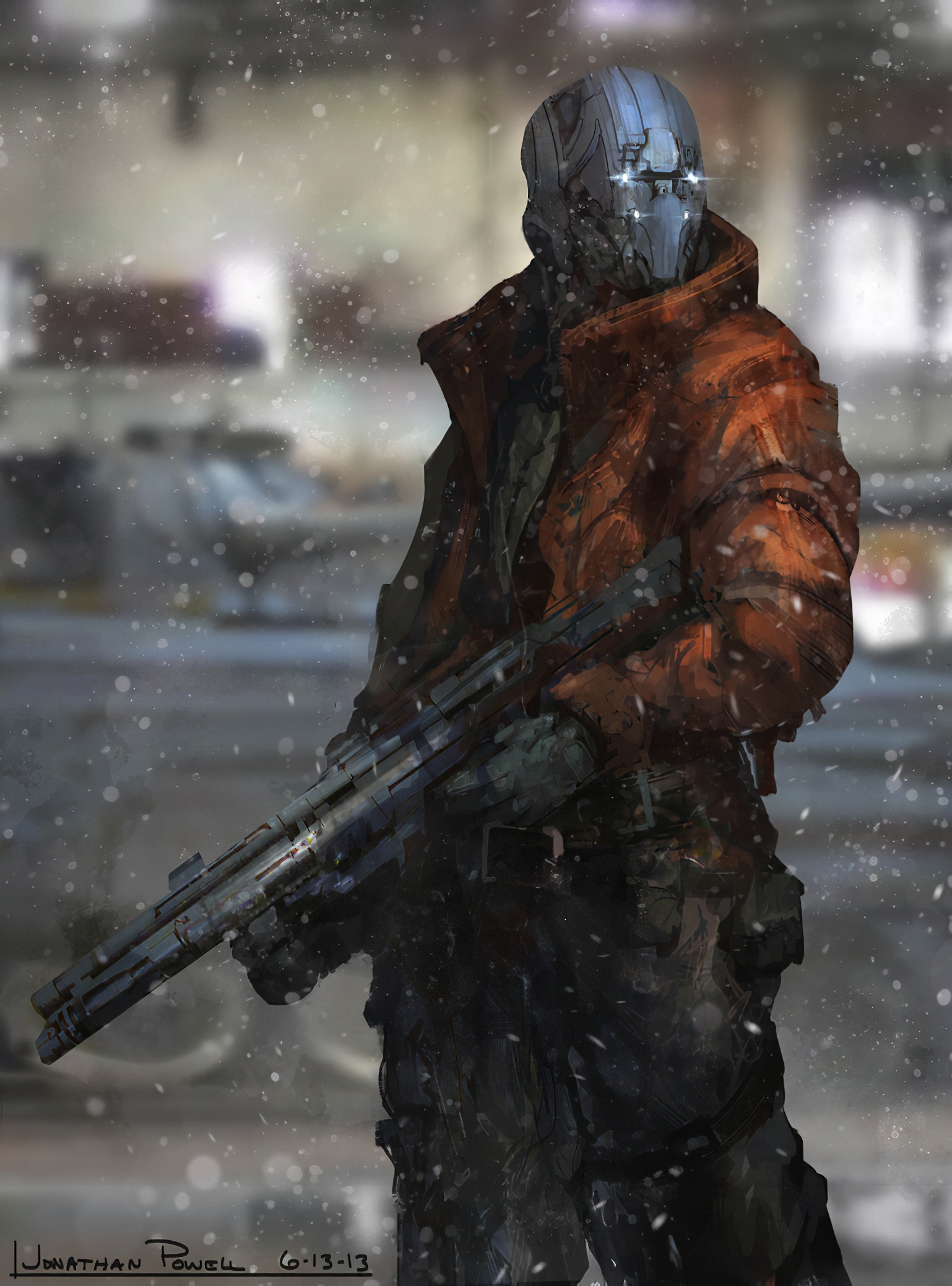 Futuristic soldier with weapon in snow HD Phone Wallpaper