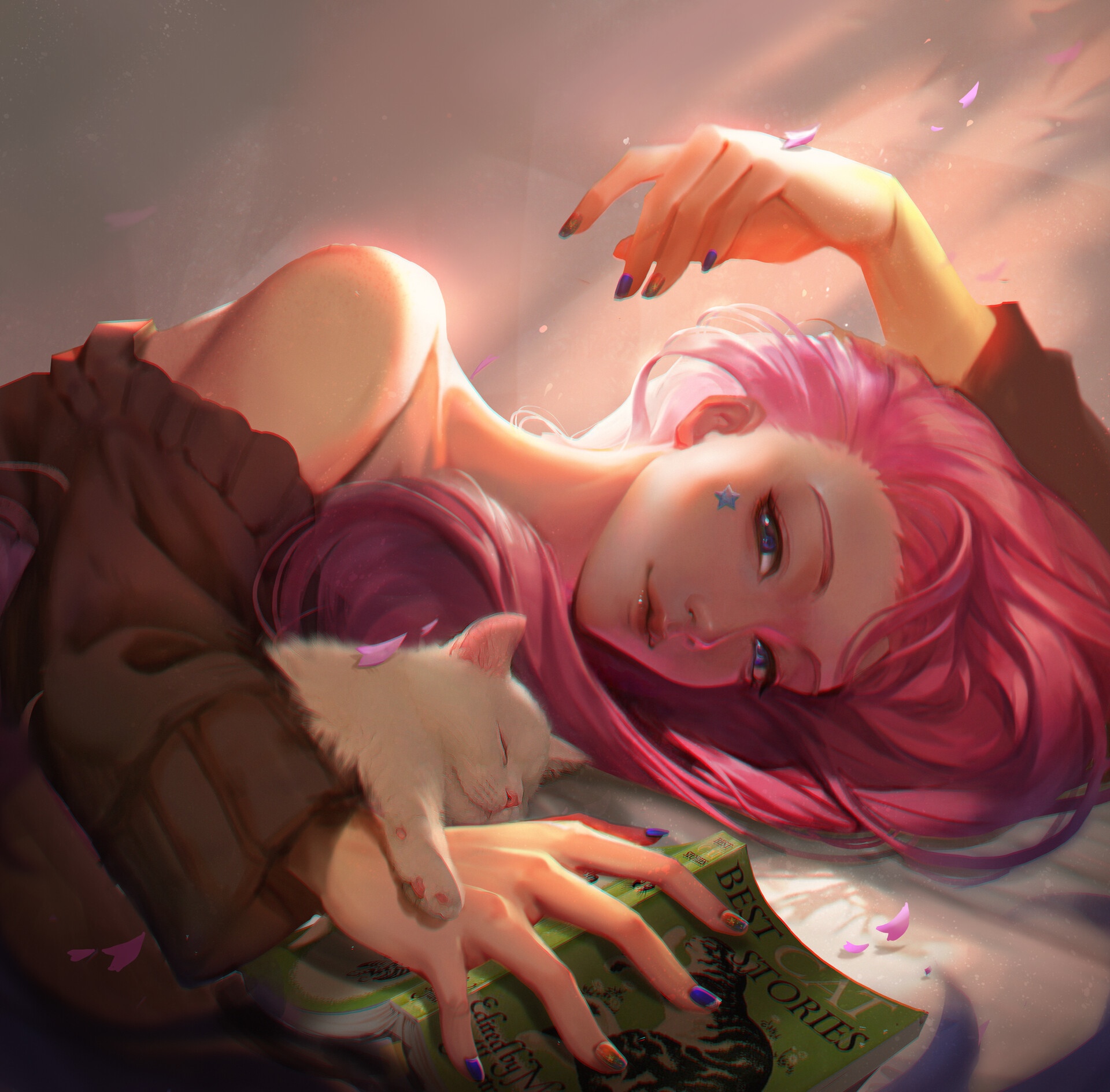 K/DA Seraphine with a cat and a book HD Wallpaper