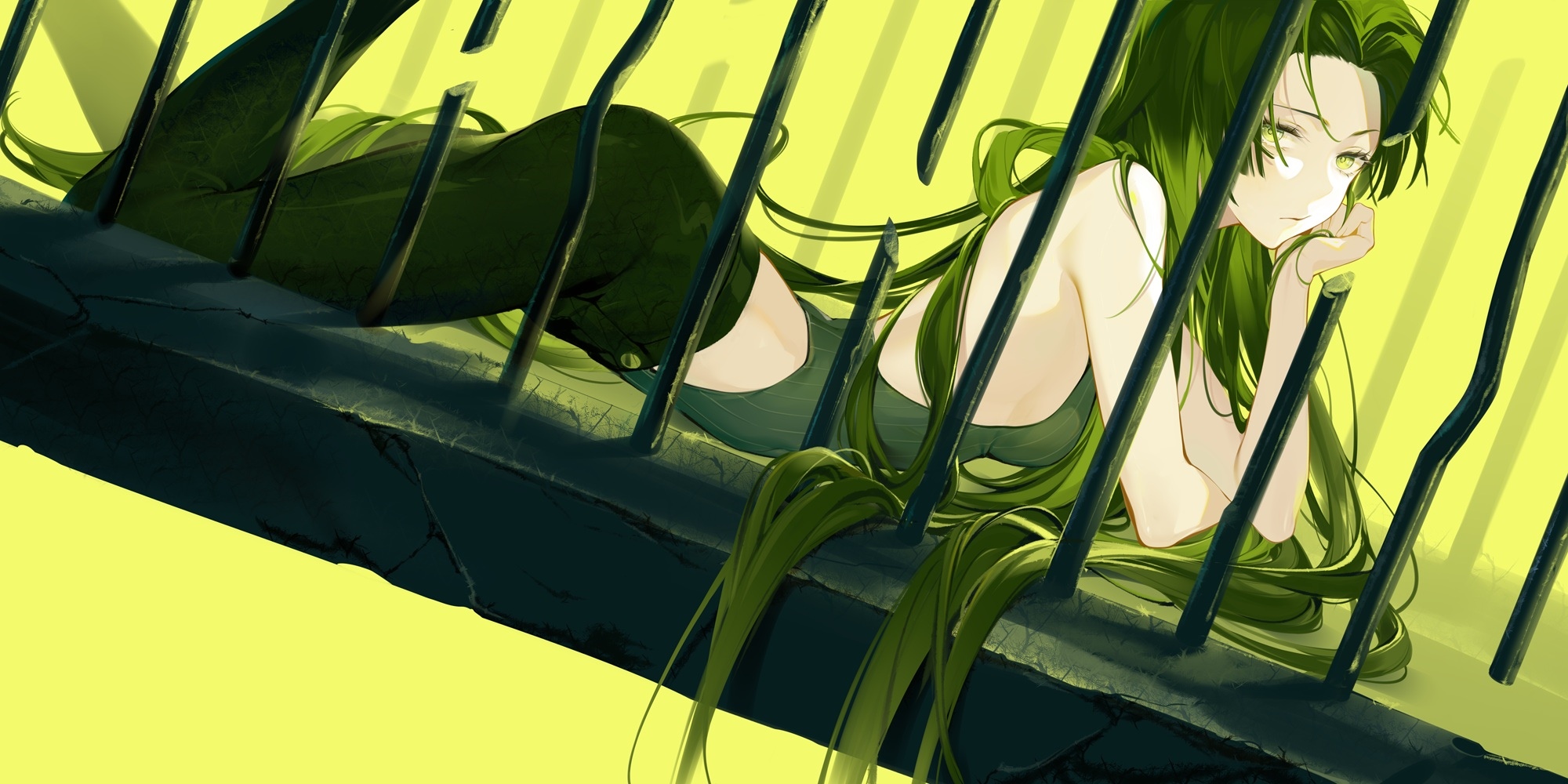 Uosaasou with green hair and green eyes behind bars HD Wallpaper