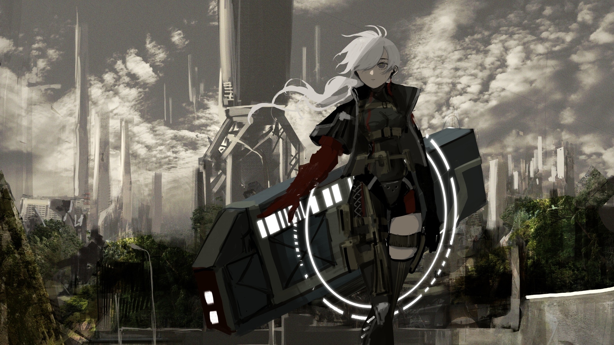 Anime girl with white hair holding a large weapon in a futuristic city HD Wallpaper