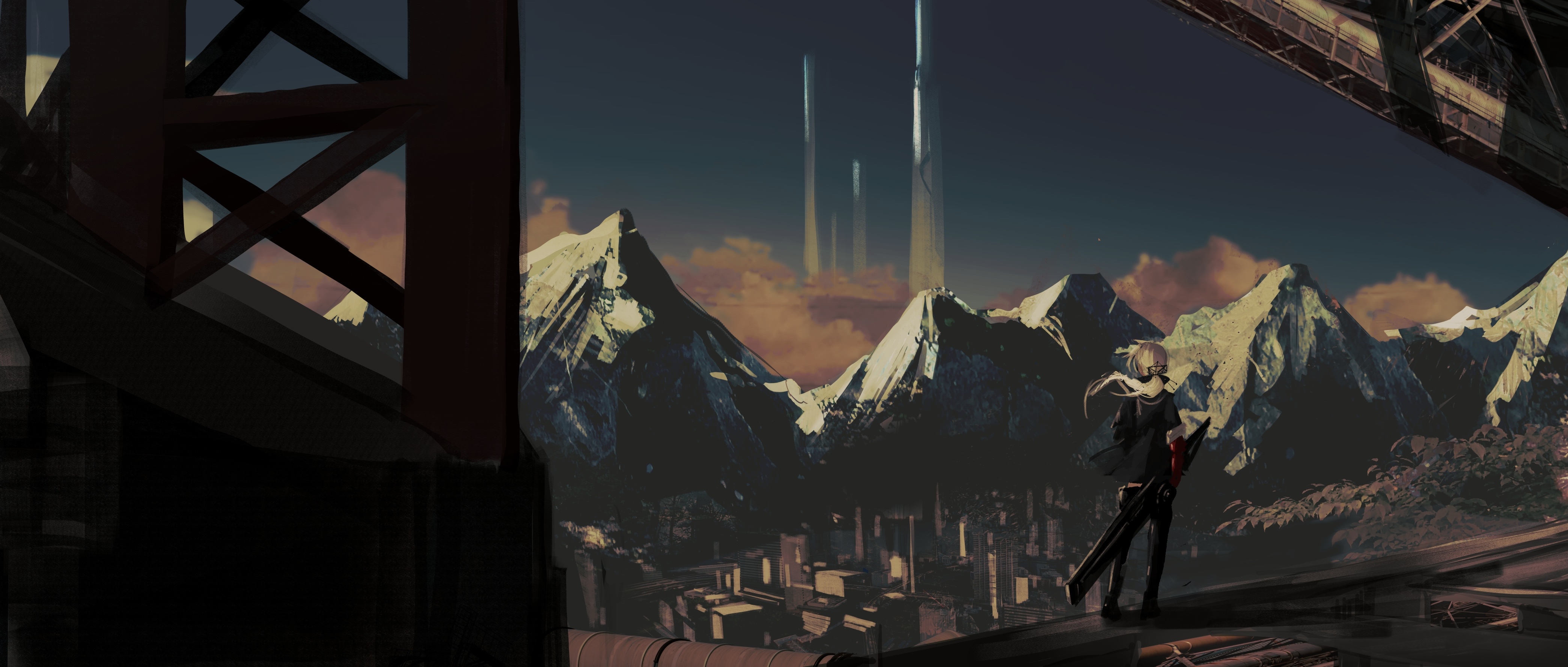 4K artwork of Narue with mountains and futuristic towers HD Wallpaper