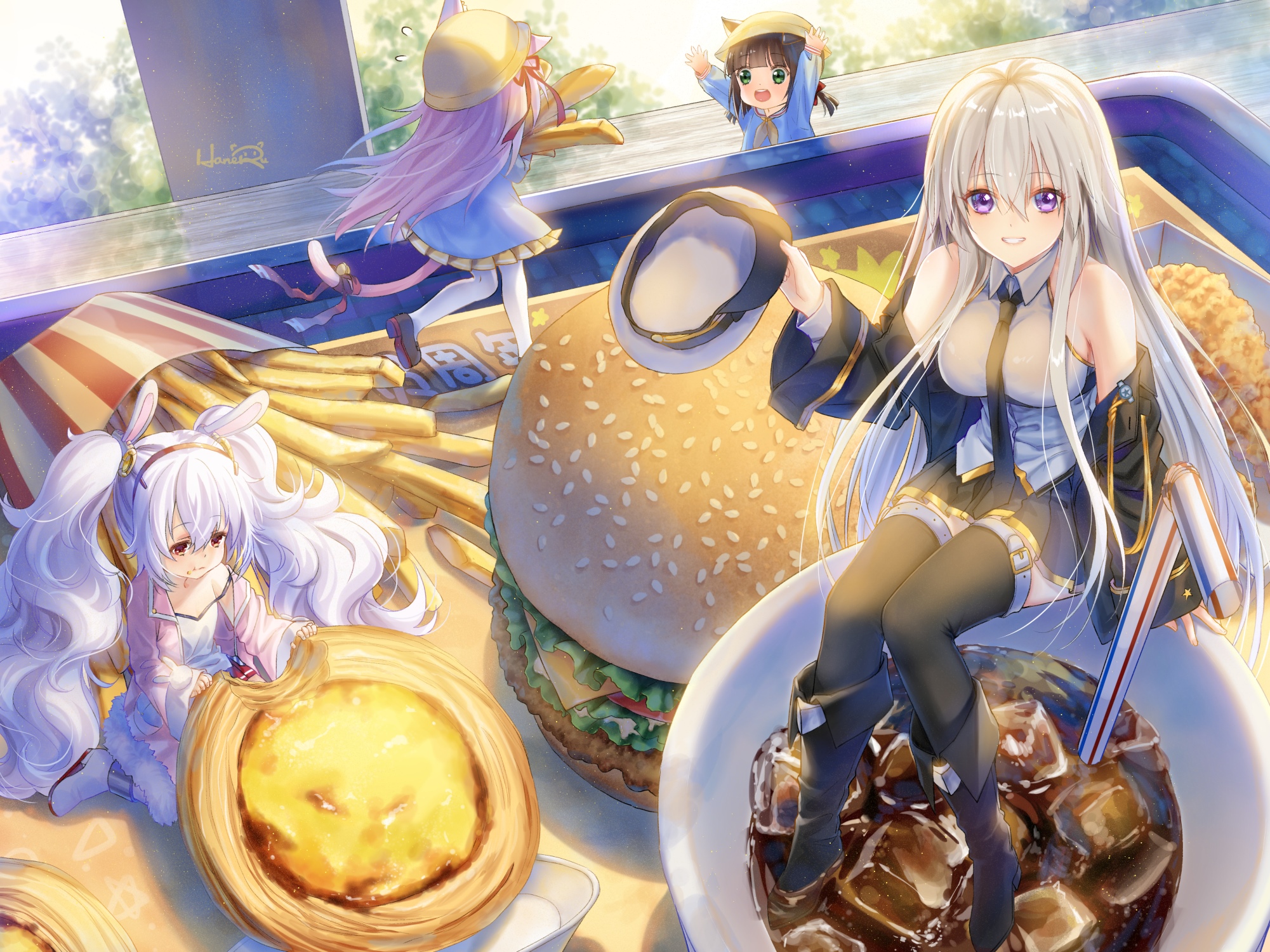 Azur Lane characters Enterprise, Laffey, Kisaragi, and Mutsuki with food HD Wallpaper