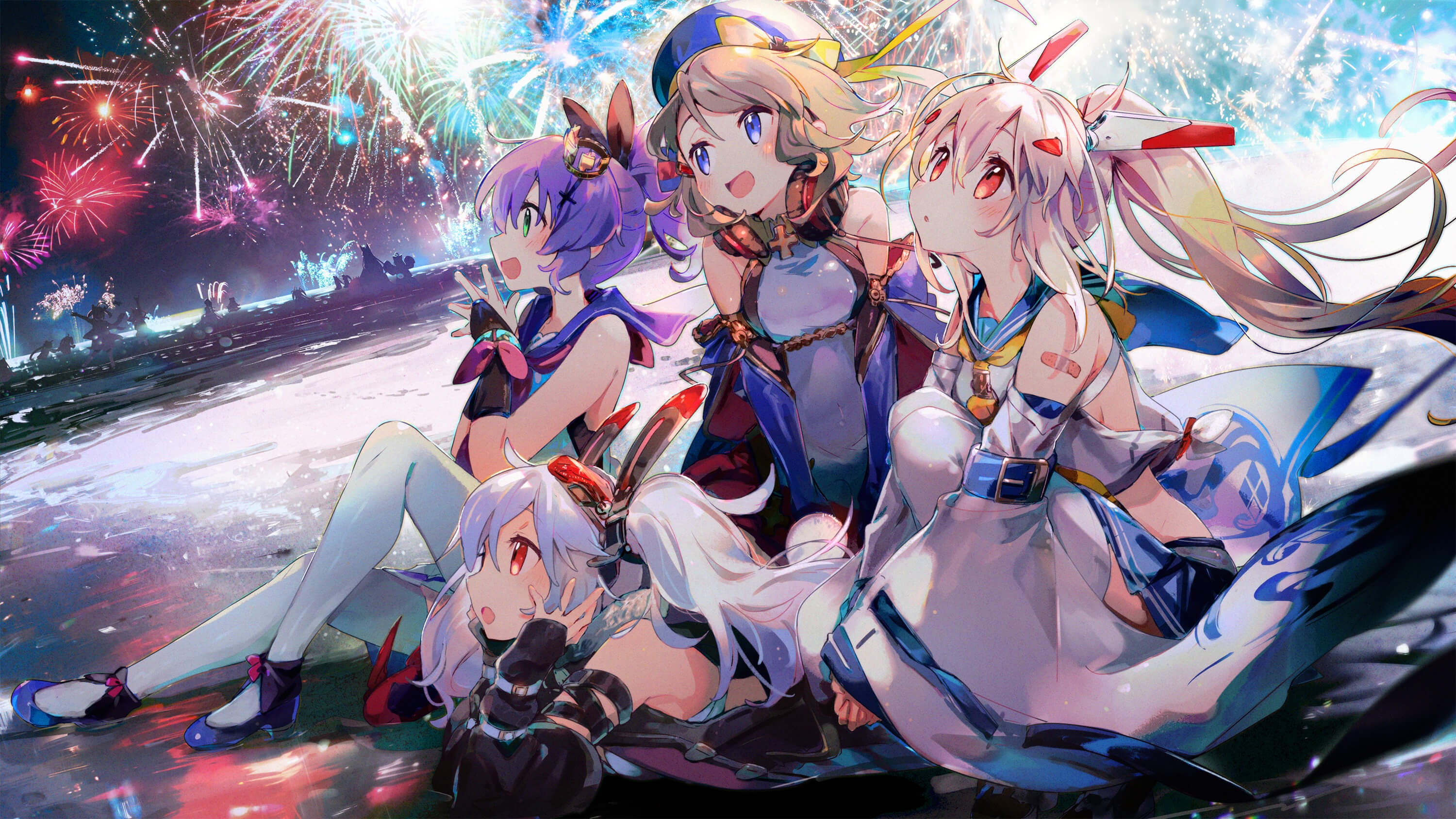 Azur Lane characters Ayanami, Laffey, Javelin, and Z23 watching fireworks HD Wallpaper