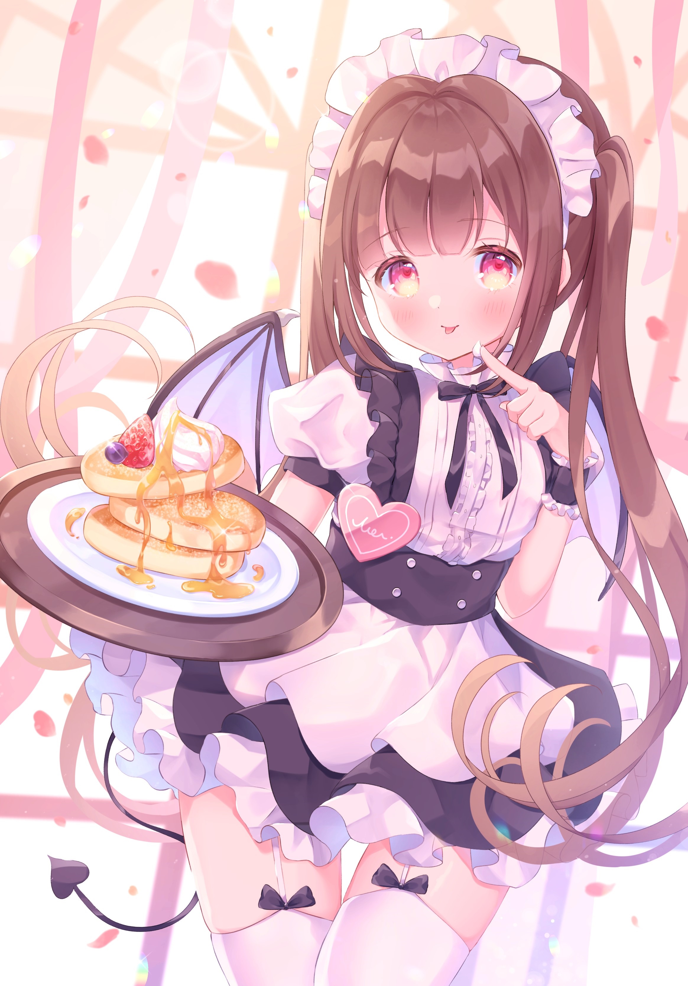 Anime girl in maid outfit holding pancakes HD Phone Wallpaper