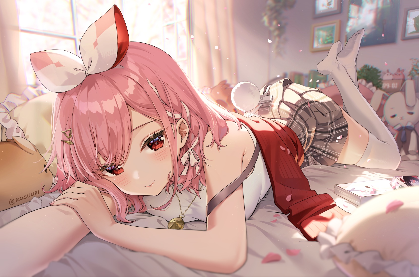 Pinku (Vtuber) lying on a bed with pink hair and red eyes HD Wallpaper