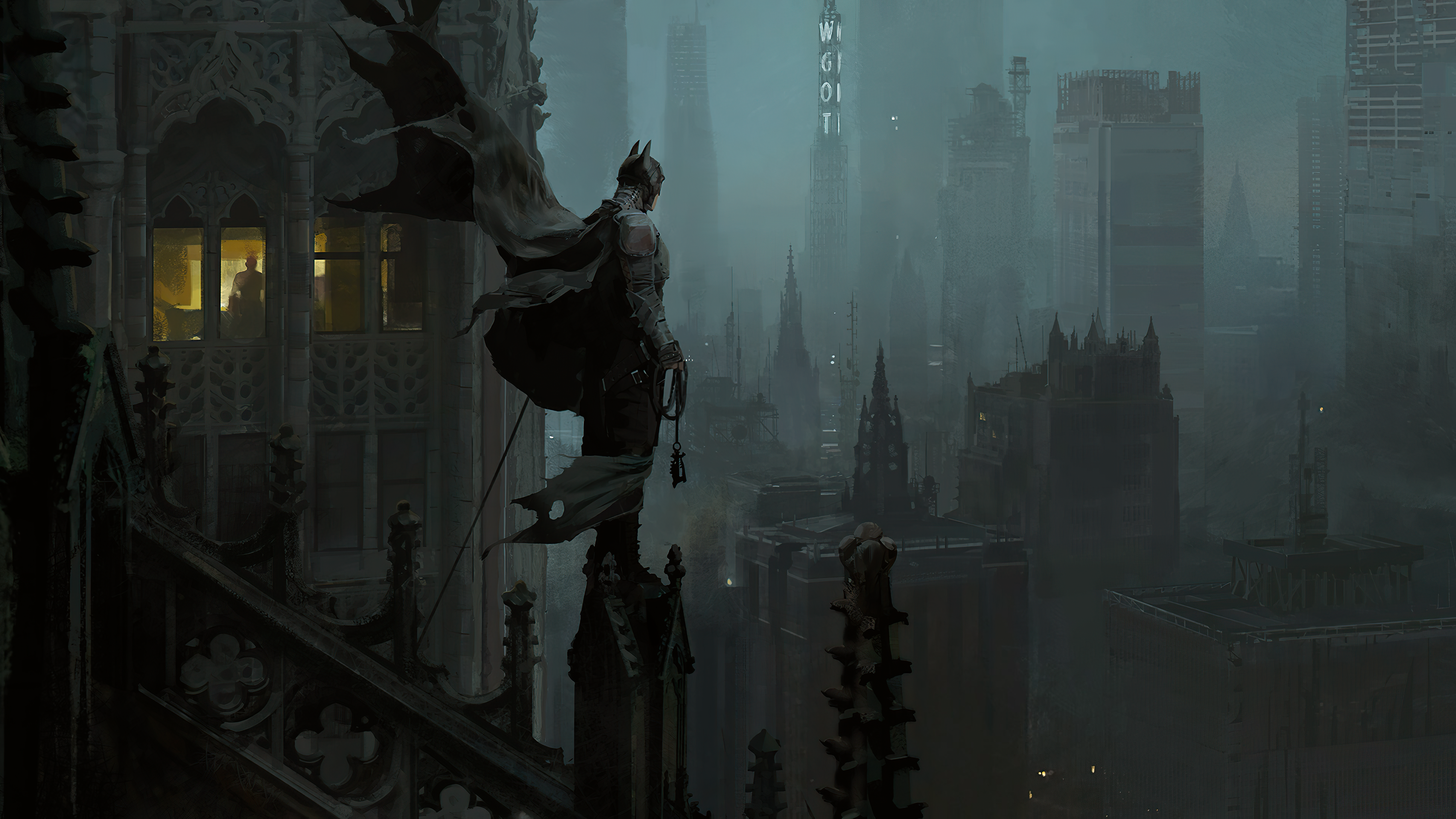 4K Batman overlooking a foggy city HD Wallpaper