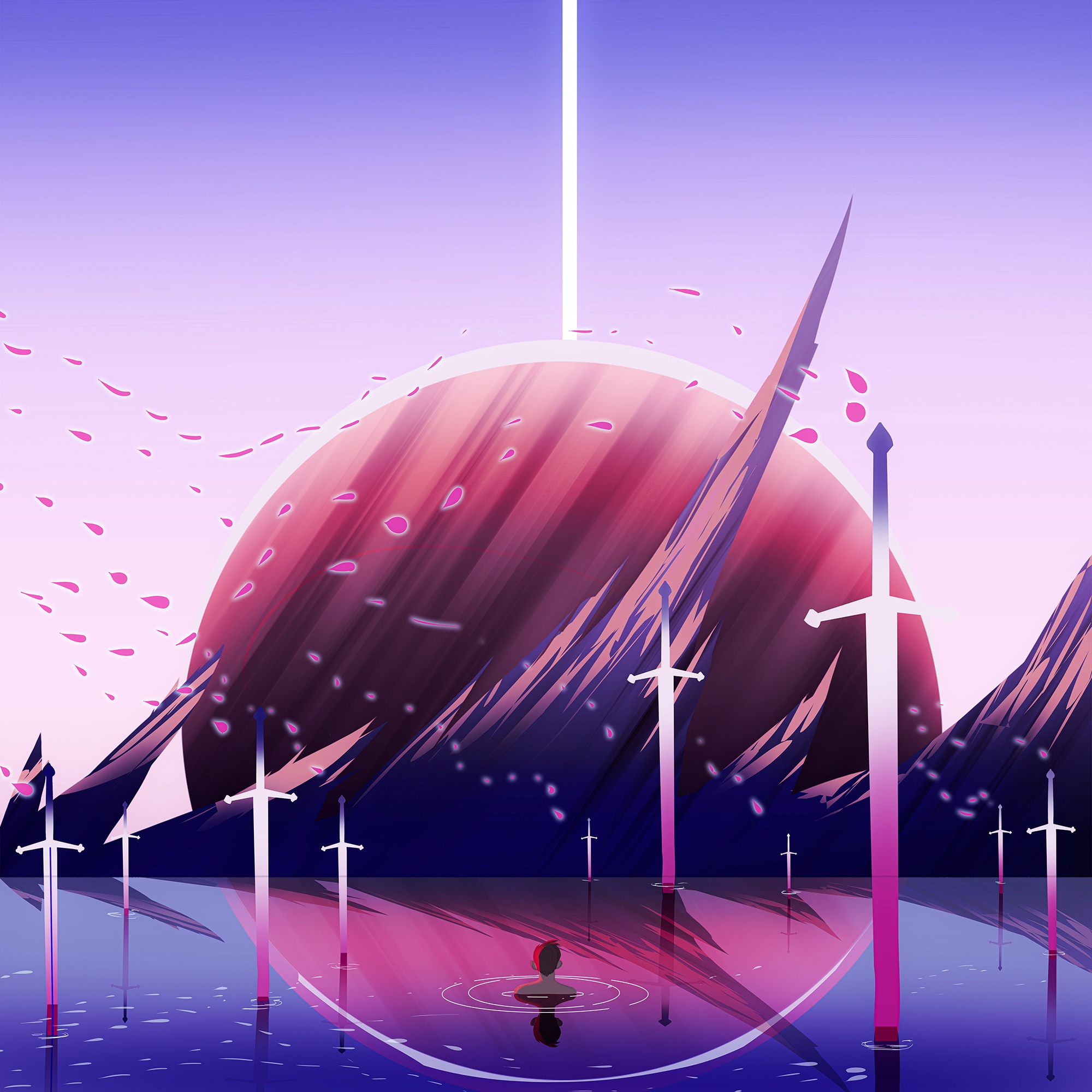Surreal landscape with swords and a planet HD Wallpaper