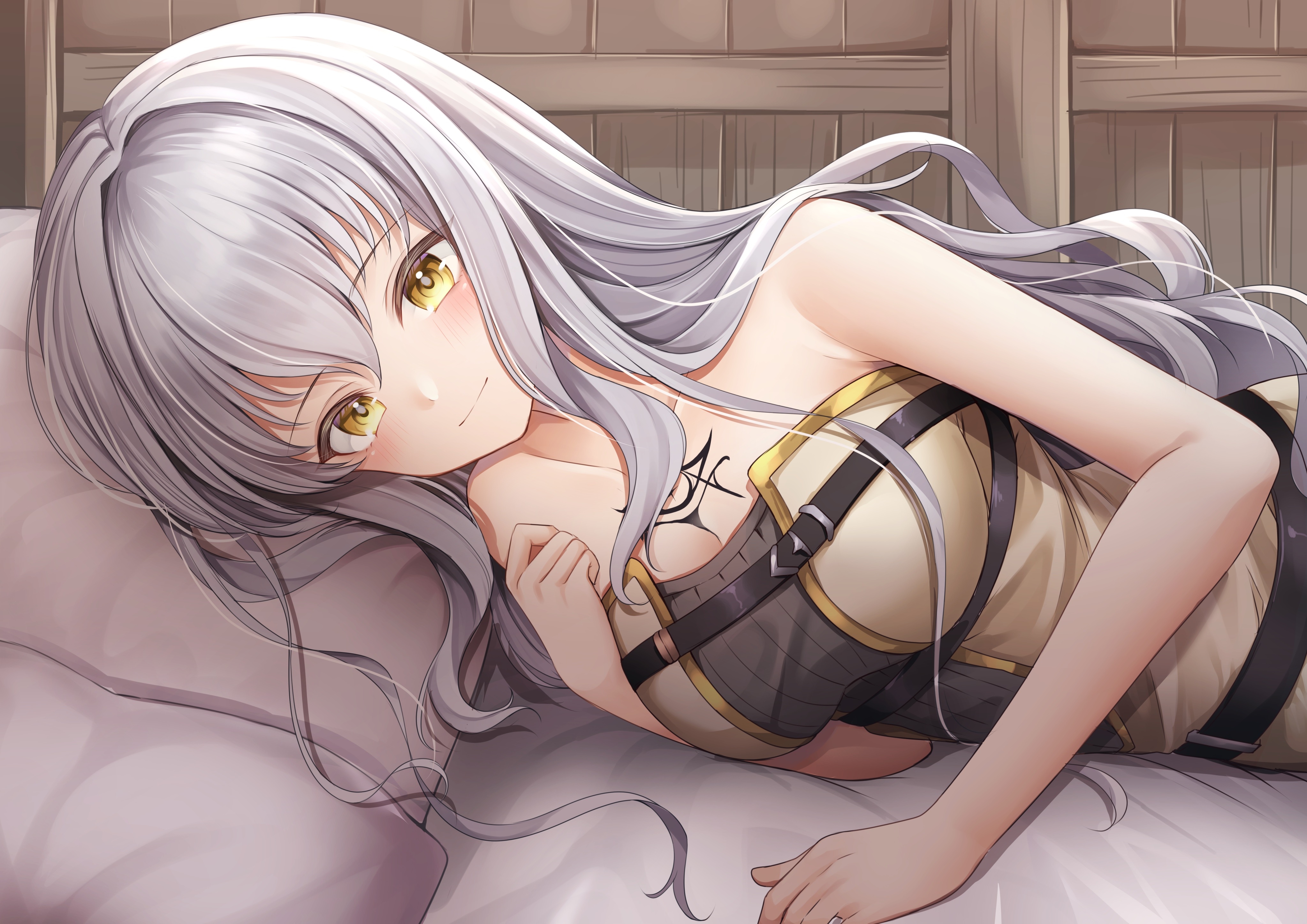 Anime girl with silver hair and yellow eyes in bed HD Wallpaper