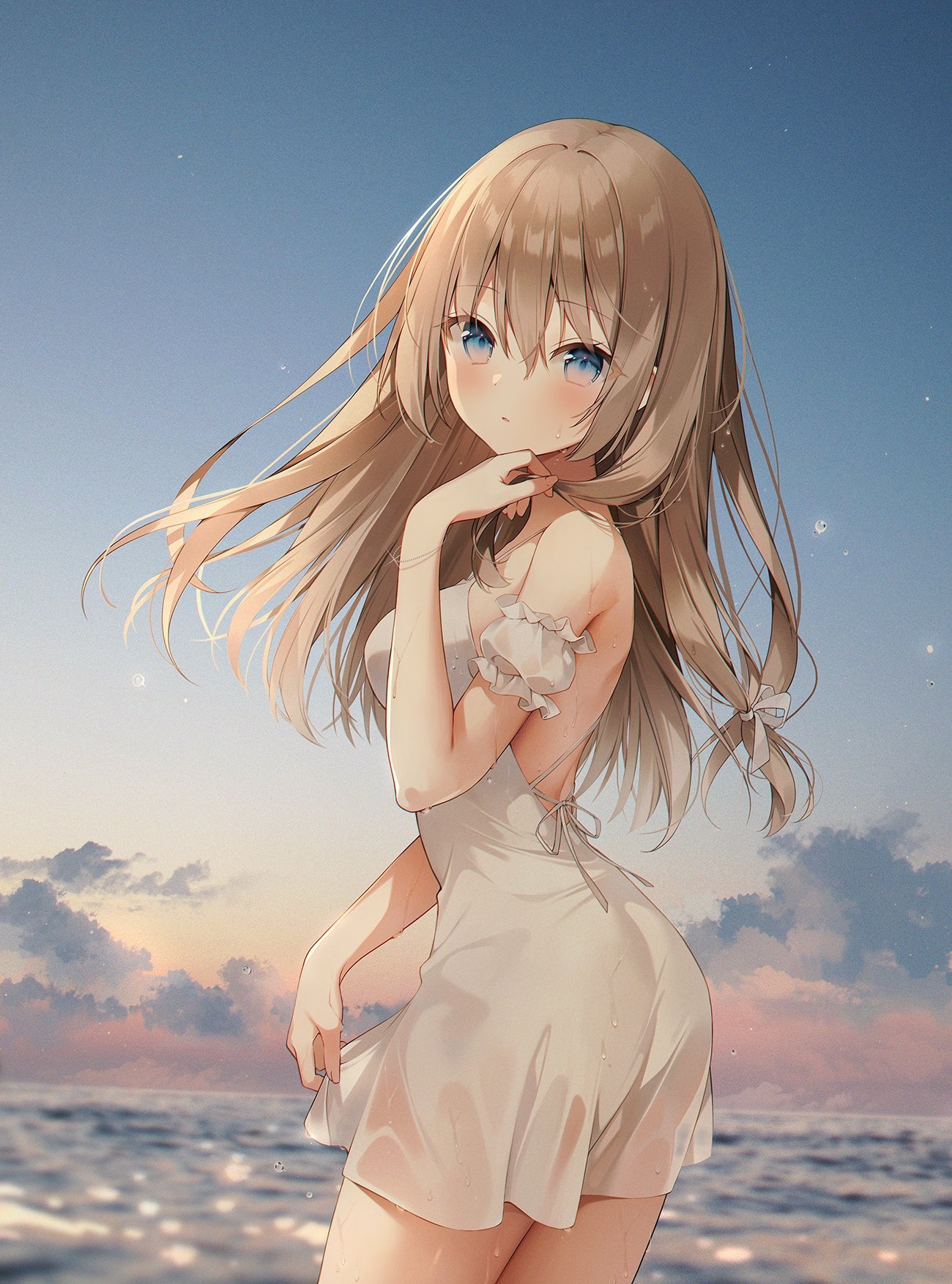Anime girl with blonde hair and blue eyes at the beach HD Phone Wallpaper