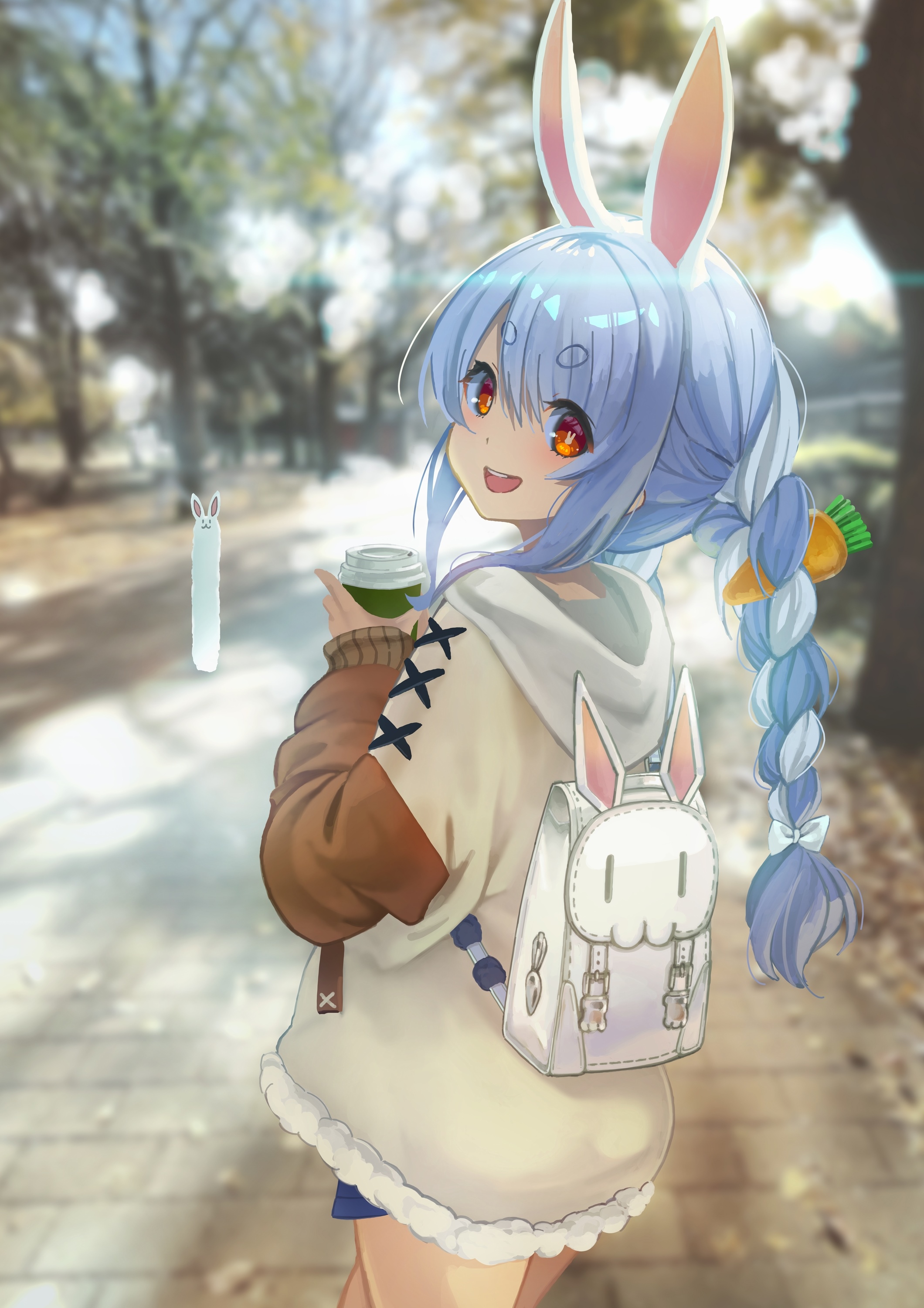 Usada Pekora with a drink and backpack HD Phone Wallpaper
