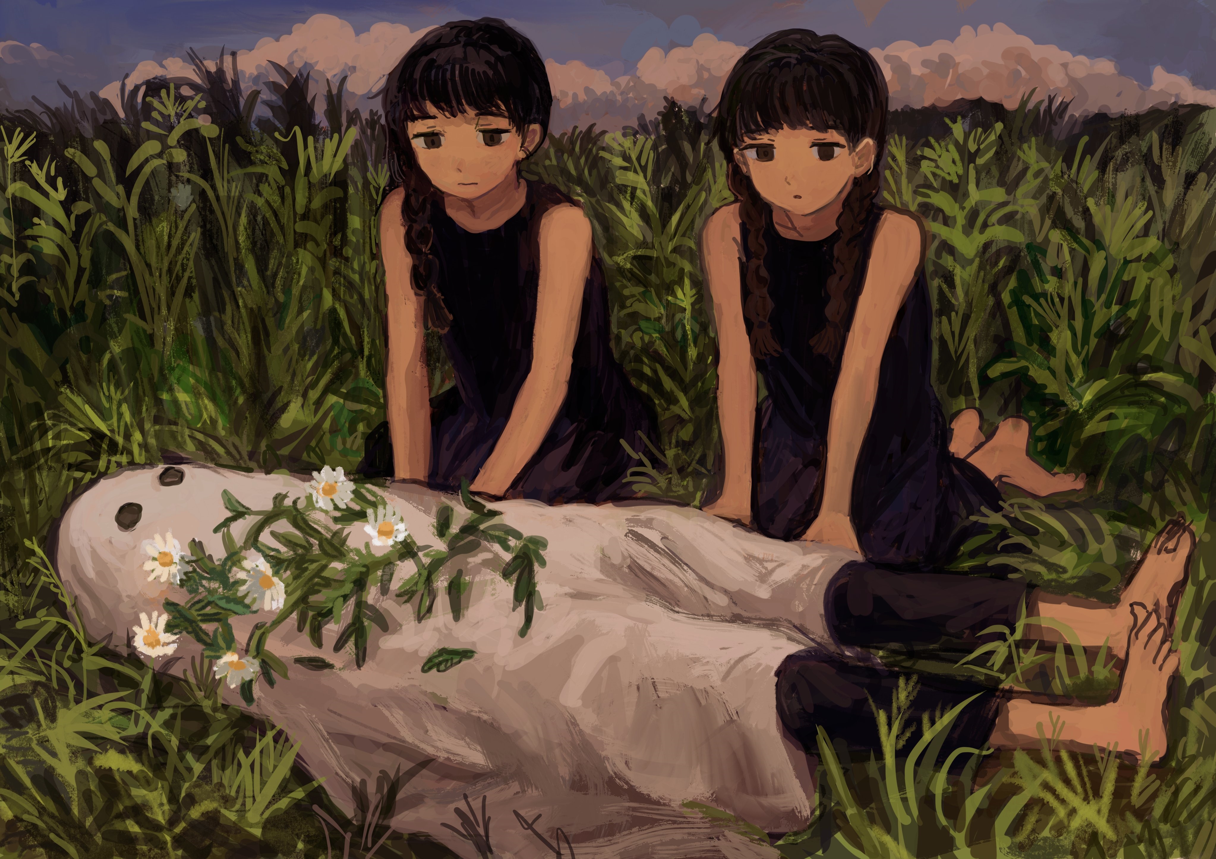 Two girls and a ghost in a field HD Wallpaper