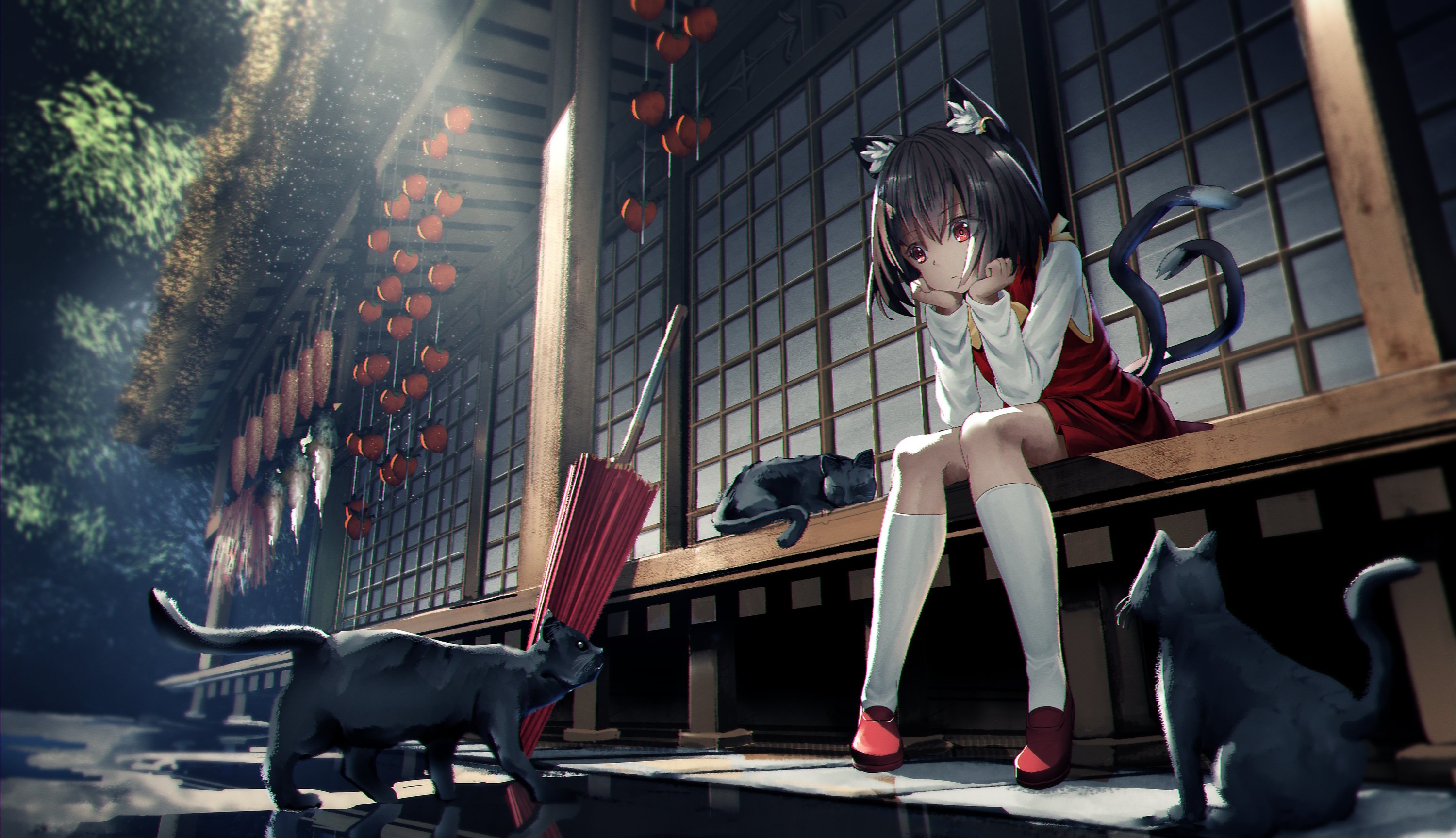 Chen the Cat Girl with Cats at a Shrine HD Wallpaper