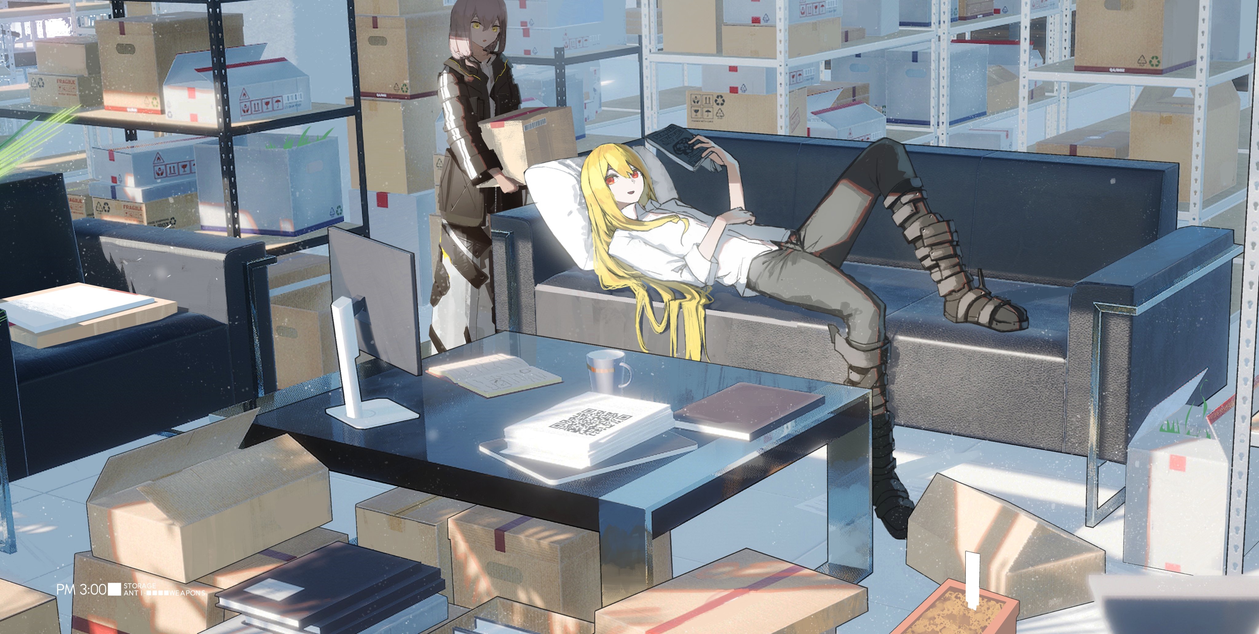 4K Warehouse with two women HD Wallpaper