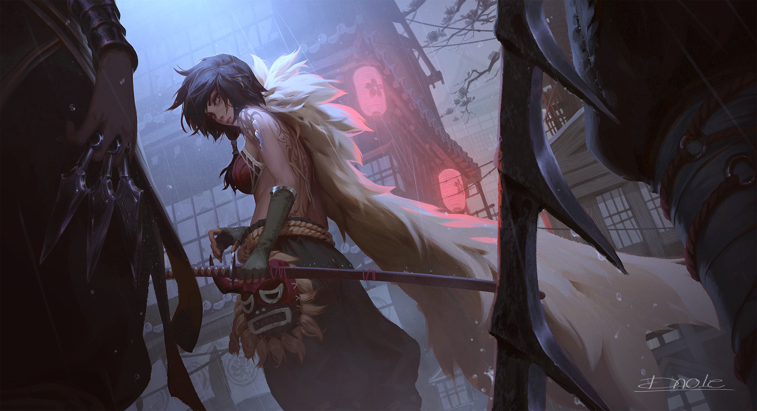 Fantasy girl with katana and mask HD Wallpaper