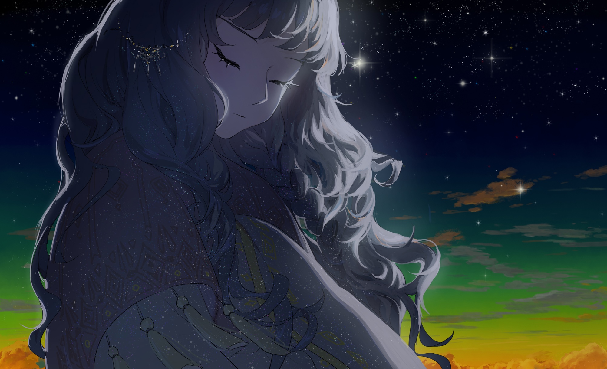 Rafaelaaa character with flowing hair under starry sky HD Wallpaper