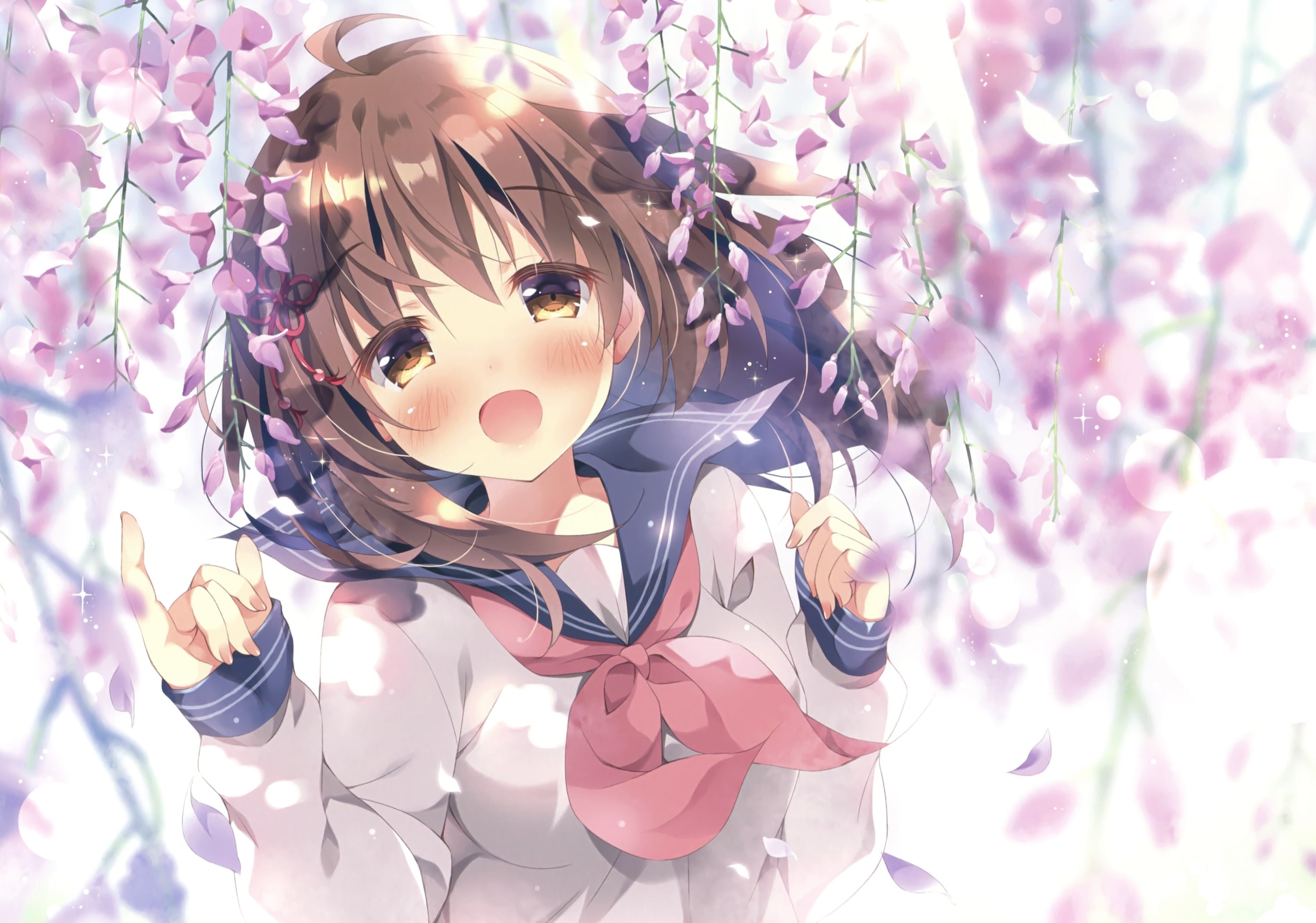 Anime girl with brown hair under pink flowers HD Wallpaper