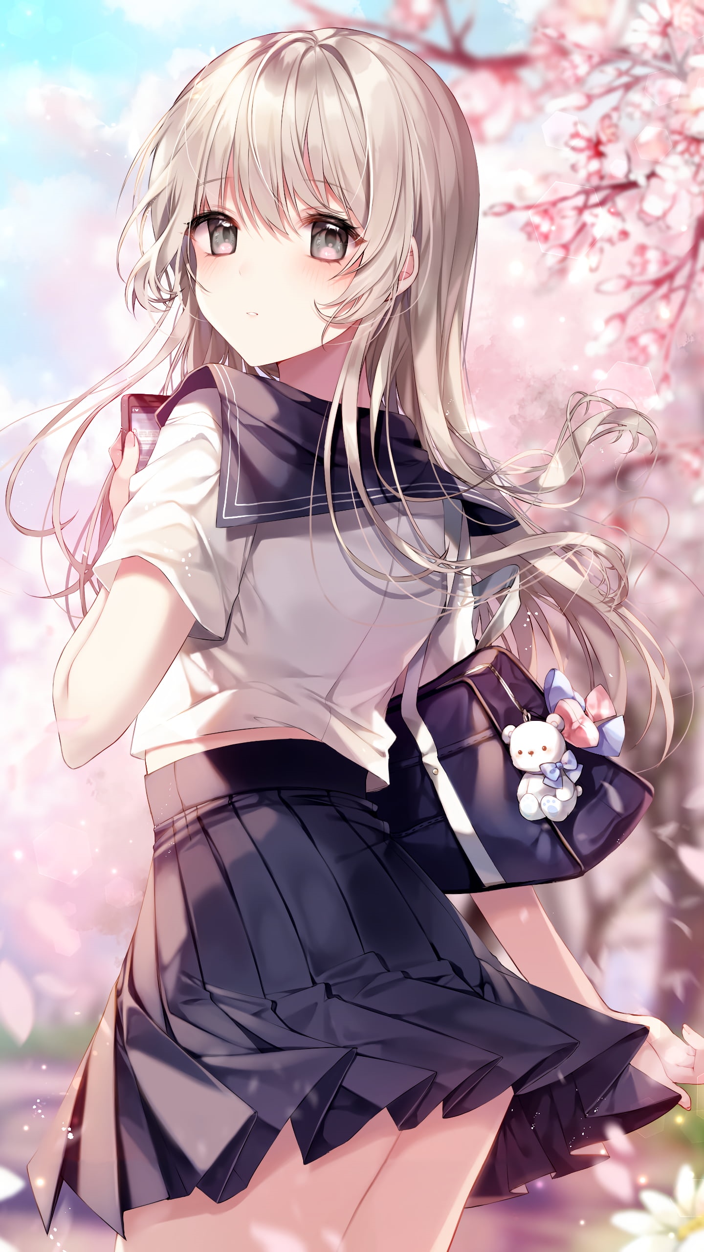 Artwork of a girl in a school uniform with cherry blossoms HD Phone Wallpaper