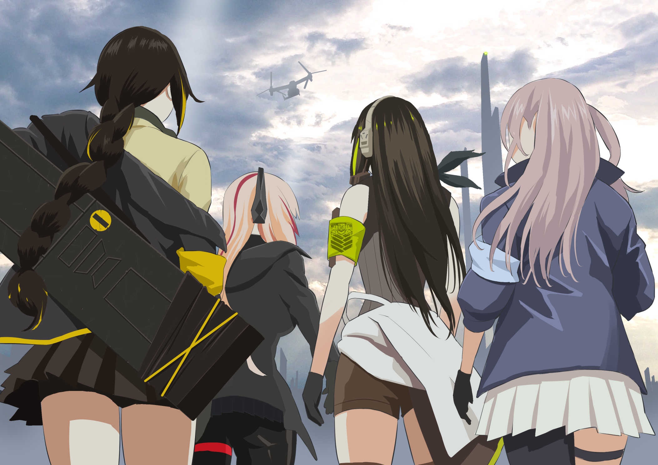 Girls Frontline characters looking at a VTOL aircraft HD Wallpaper