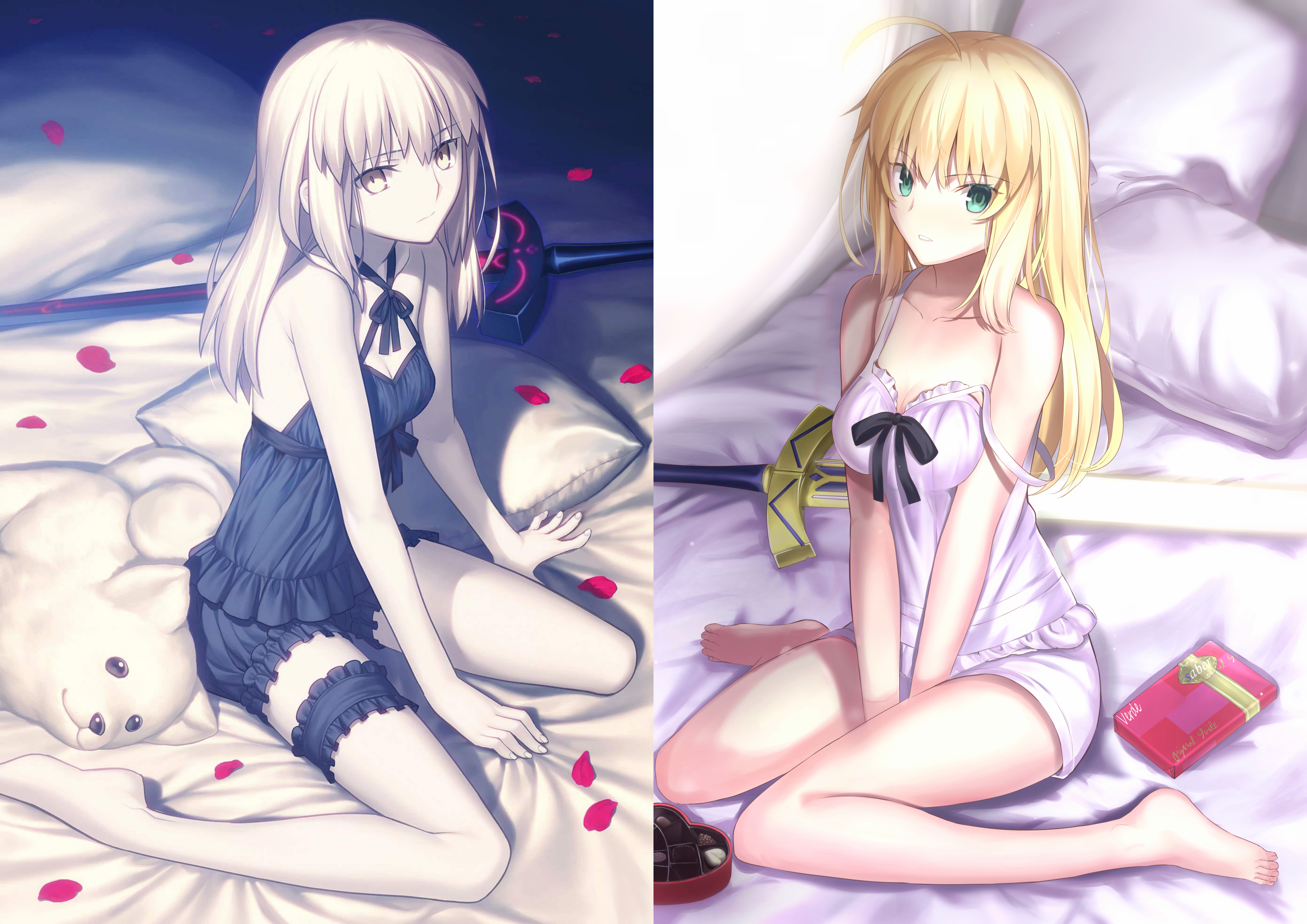Saber Lily and Artoria Pendragon in lingerie on a bed HD Wallpaper