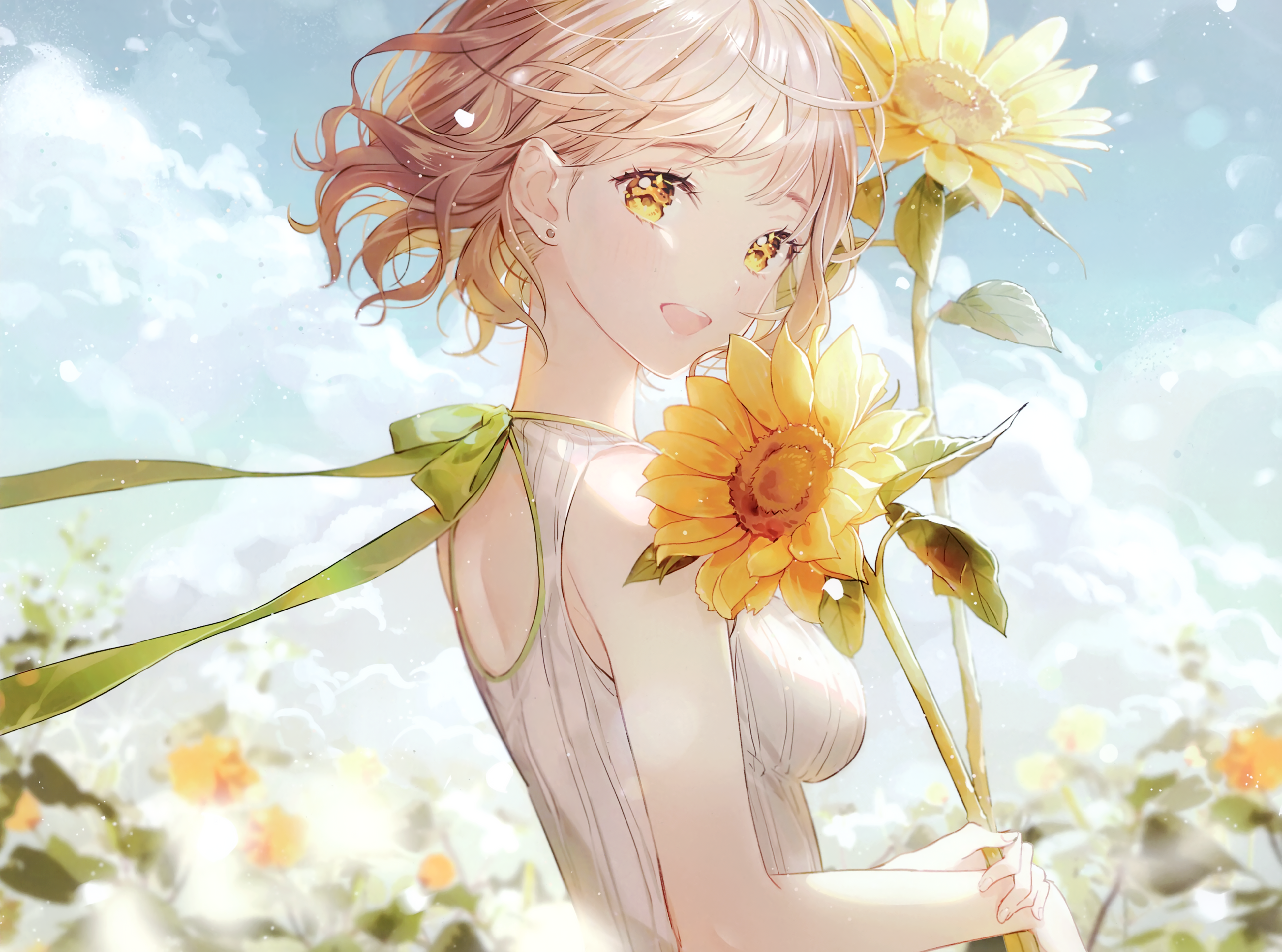 4K anime girl with sunflowers HD Wallpaper
