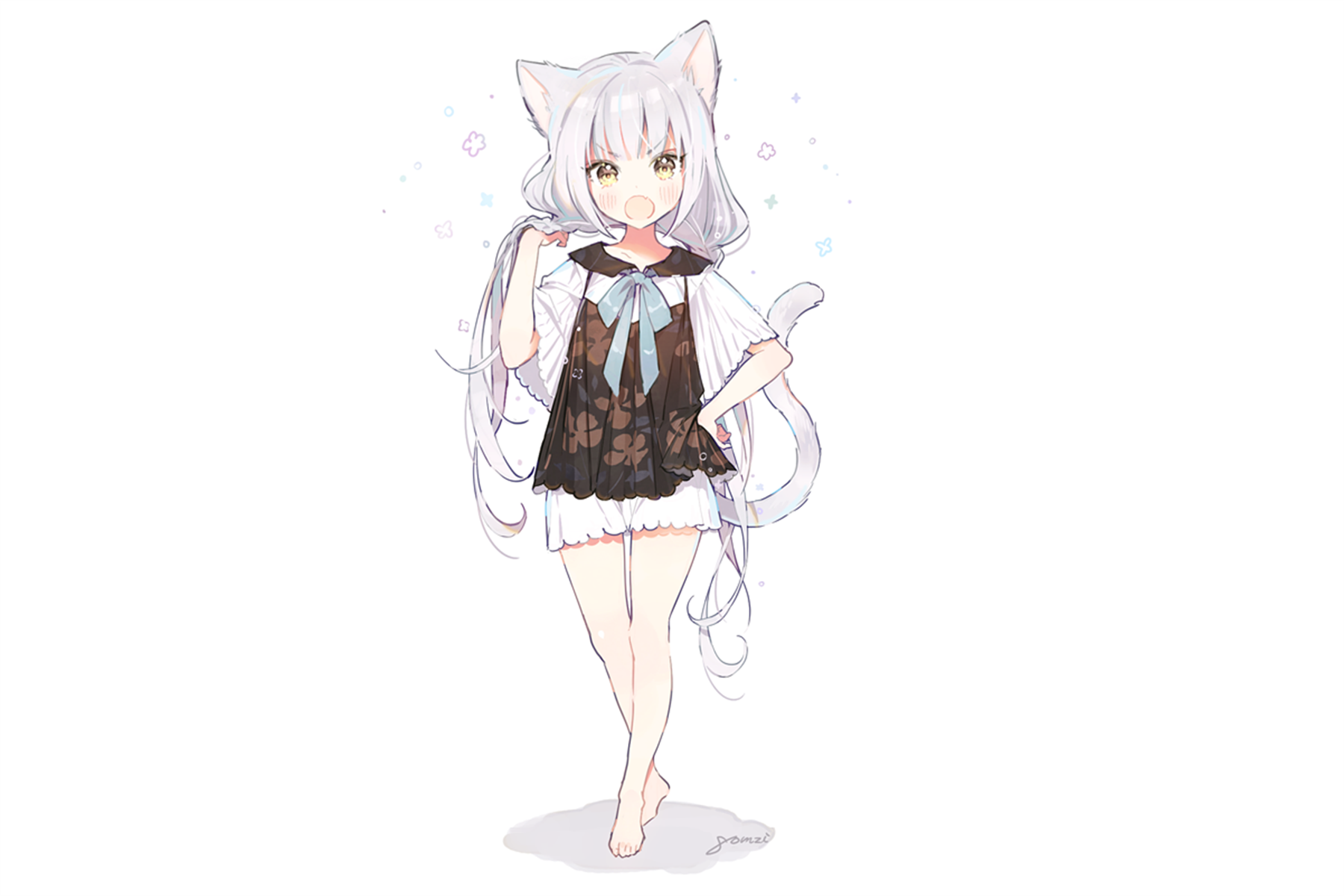 Cat girl with silver hair and yellow eyes HD Wallpaper