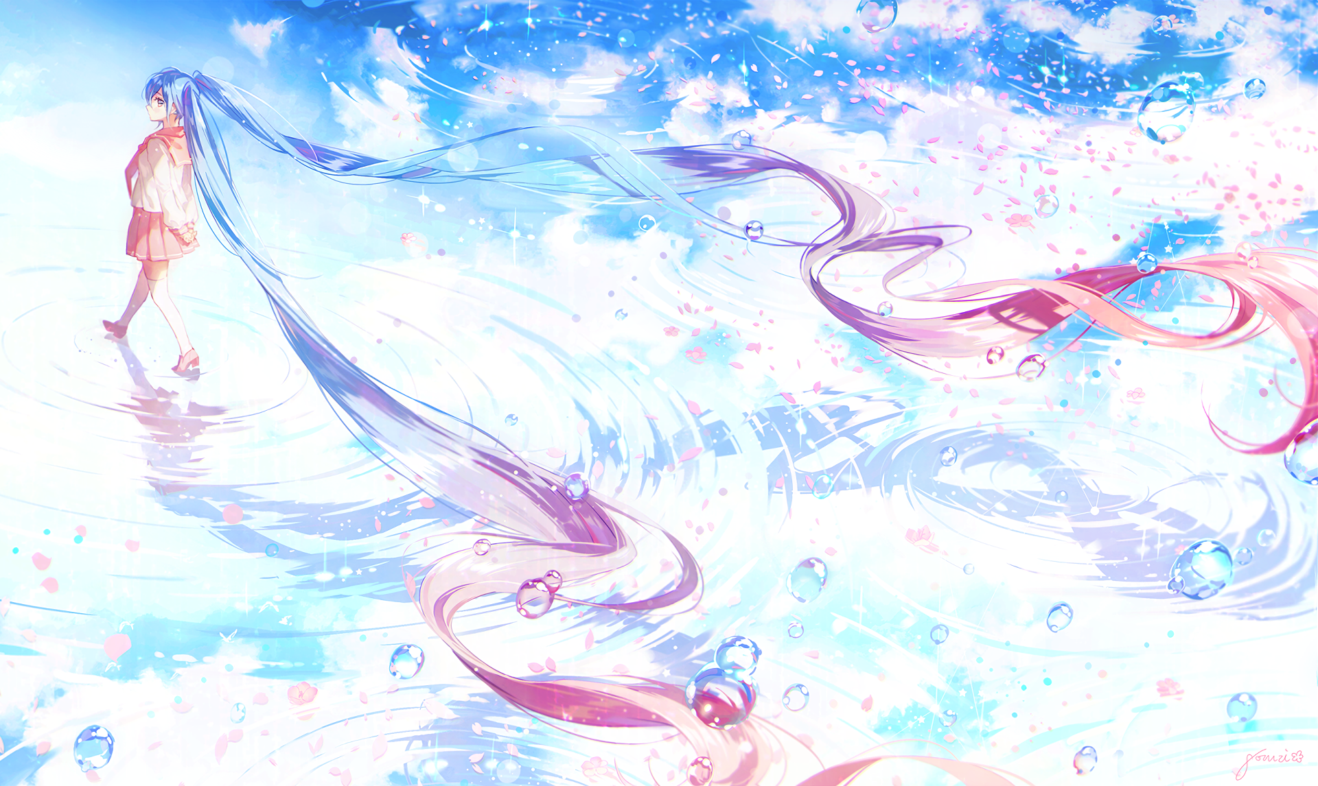 Hatsune Miku with long blue twintails in water HD Wallpaper