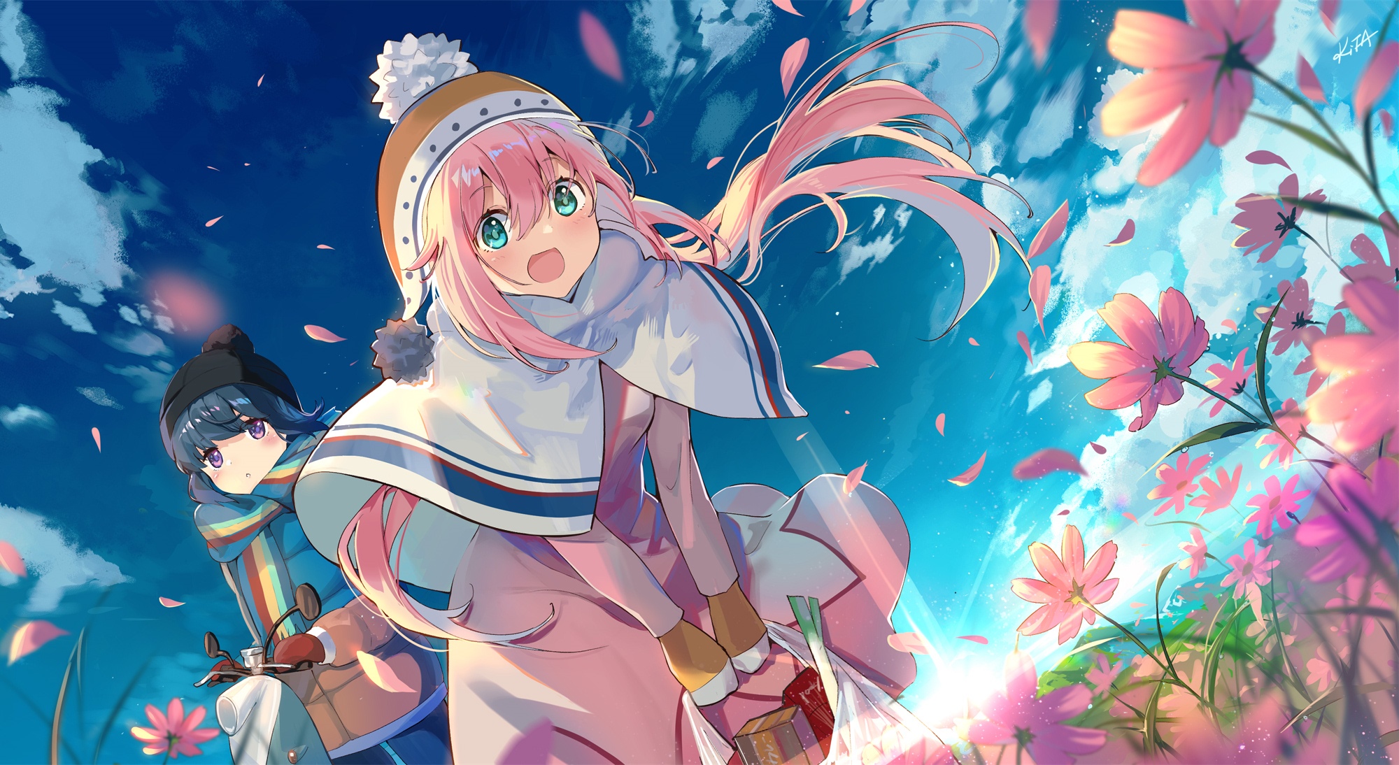 Yuru Camp: Rin Shima and Nadeshiko Kagamihara in a field of flowers HD Wallpaper
