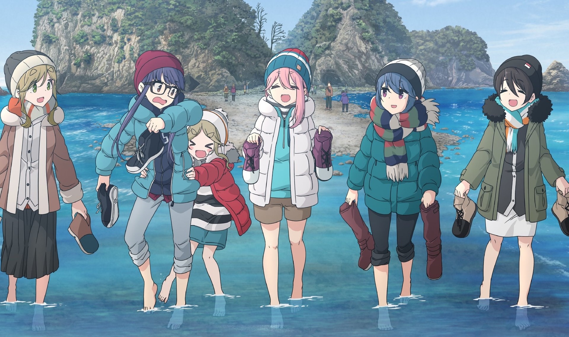 Yuru Camp Girls Walking in the Water HD Wallpaper