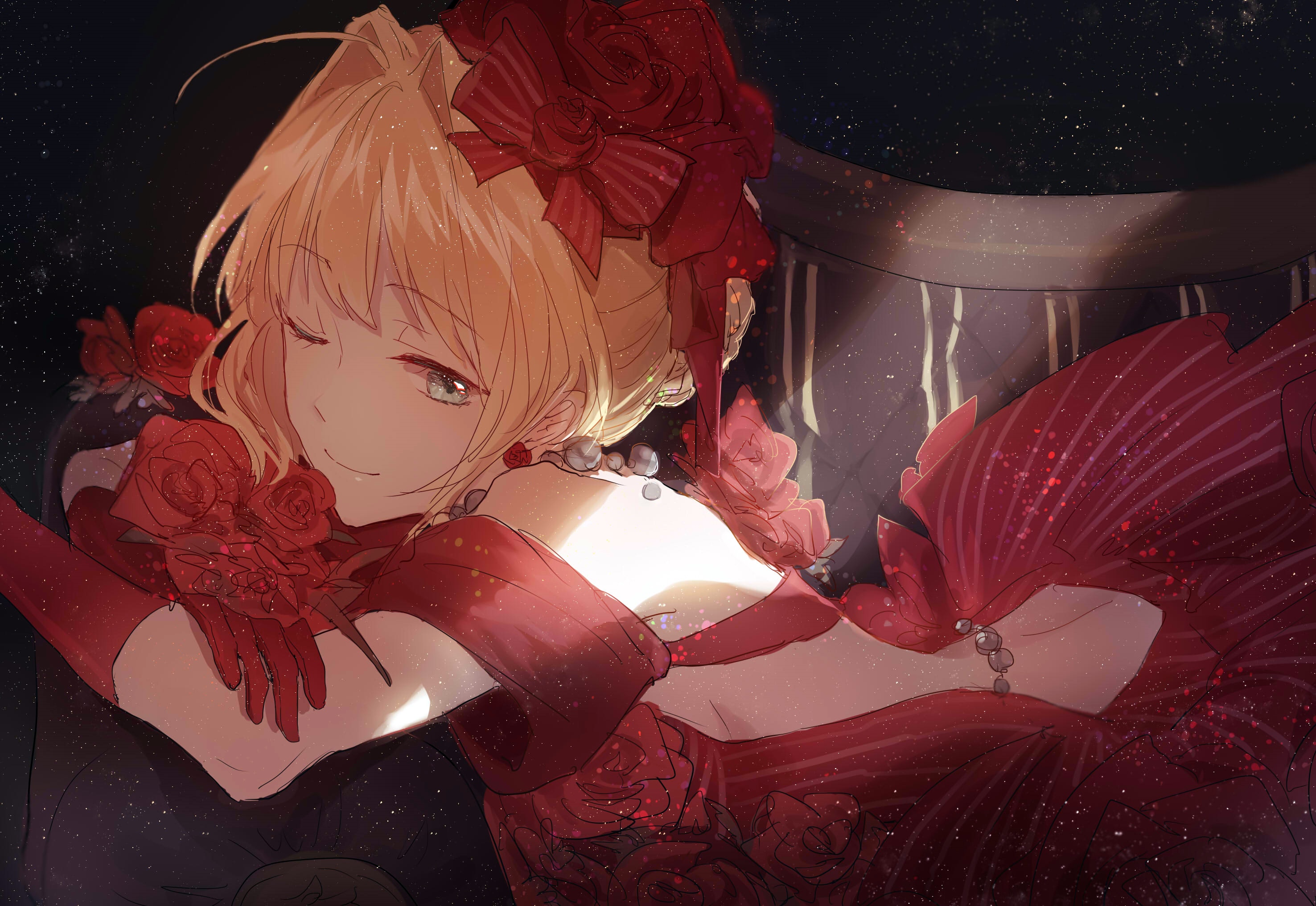 Nero Claudius in a red dress with roses HD Wallpaper