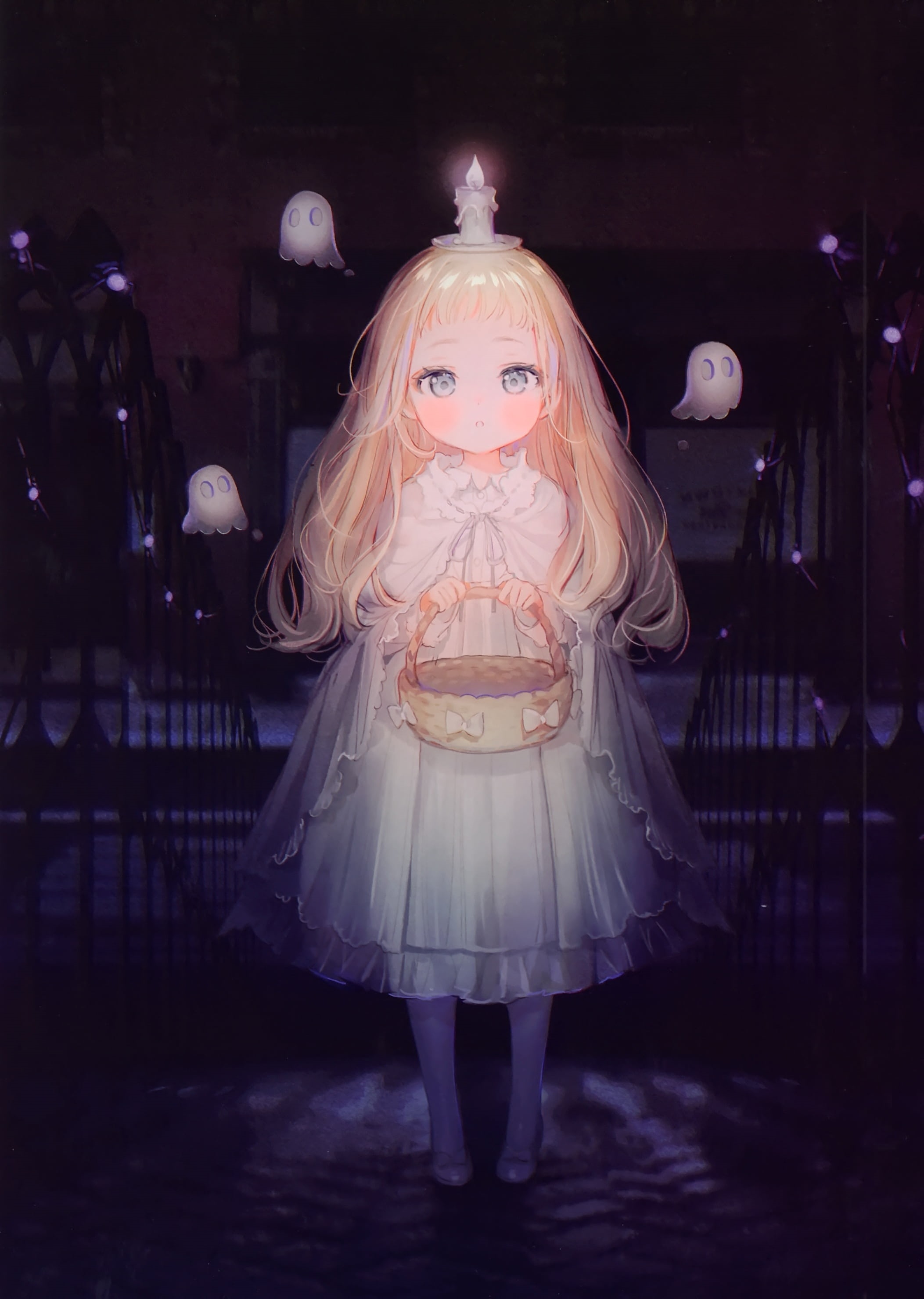 Anime girl with candle on head and ghosts HD Phone Wallpaper