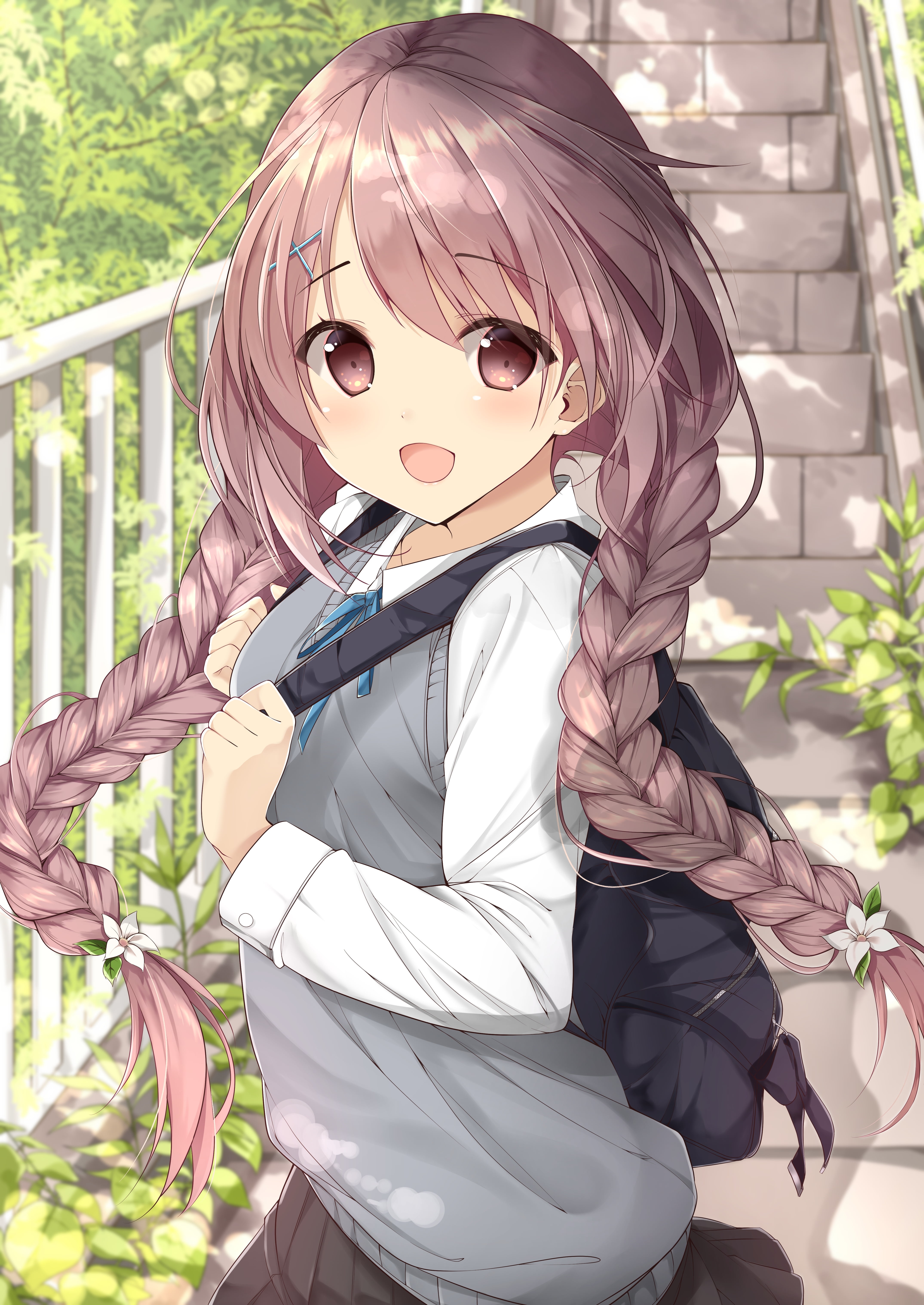 4K anime girl with braids and school uniform HD Phone Wallpaper